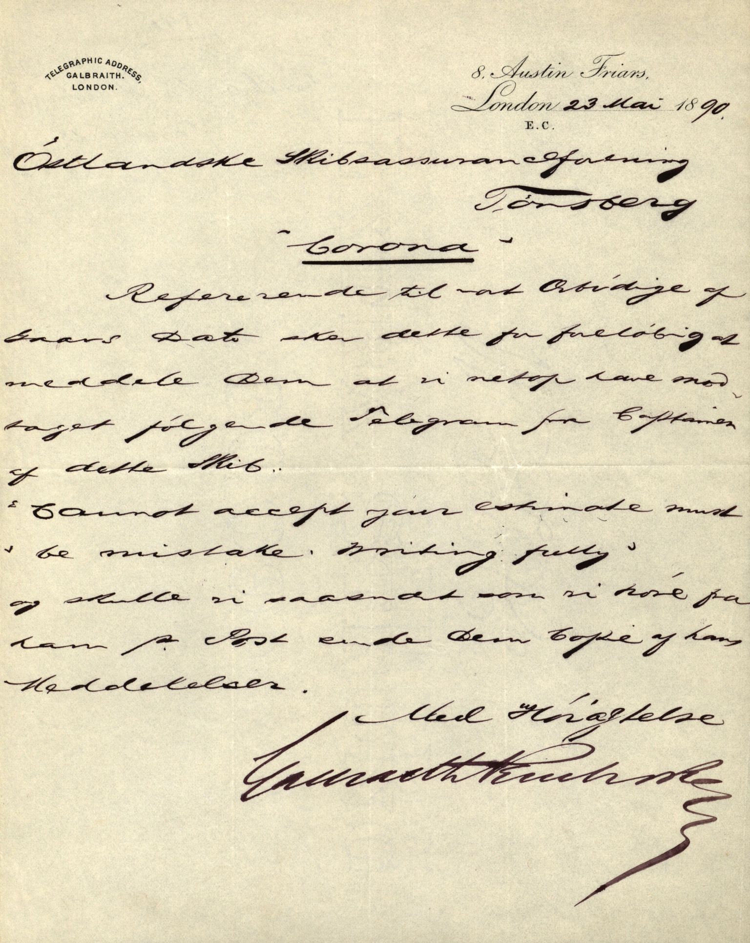 Pa 63 - Østlandske skibsassuranceforening, VEMU/A-1079/G/Ga/L0025/0003: Havaridokumenter / Josephine, Carl, Johanna, Castro, Comorin, Corona, 1890, s. 141