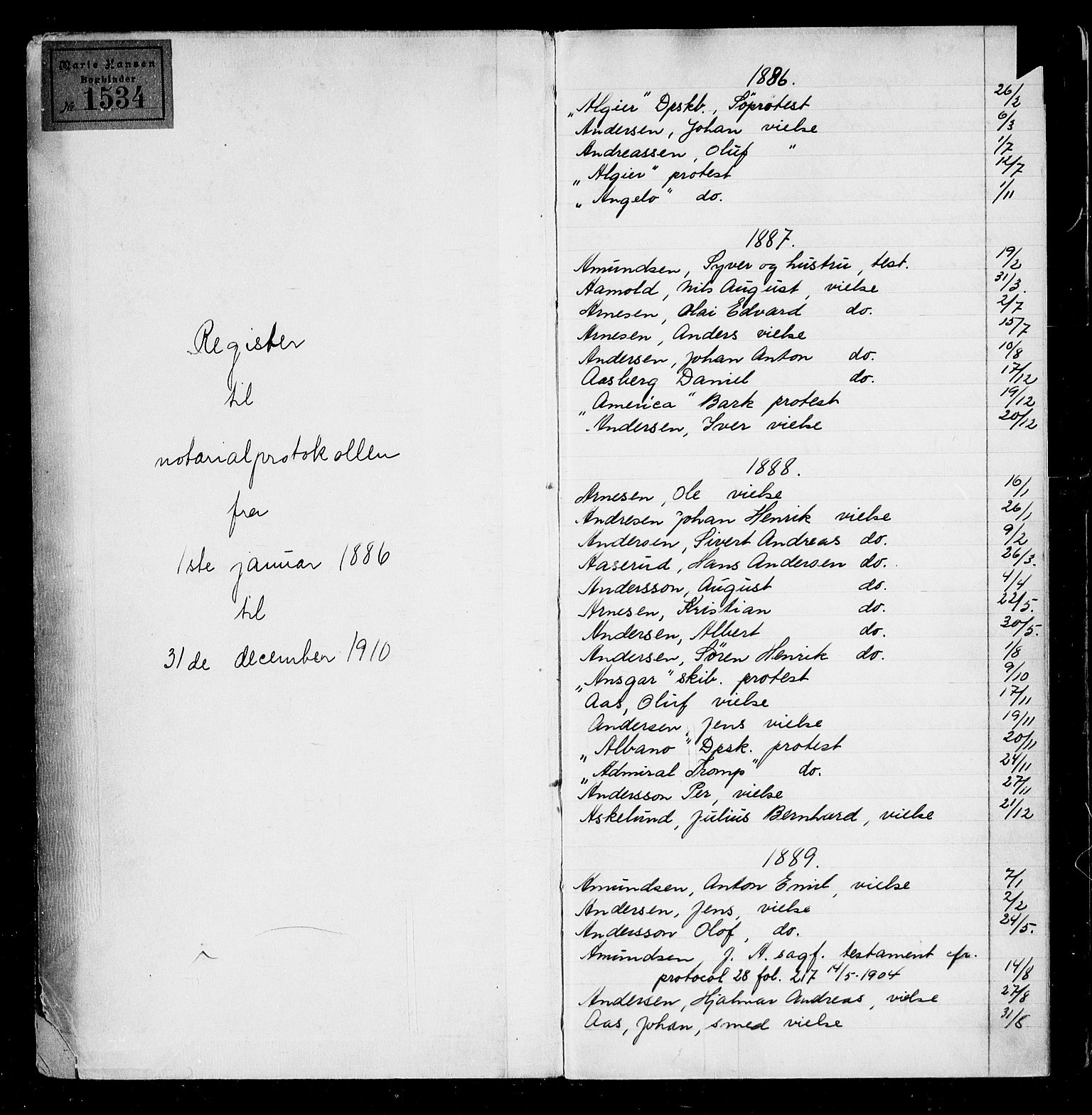 Oslo byfogd avd. I, AV/SAO-A-10220/L/La/L0001: Register - Vigsler og testamenter, 1886-1910, s. 2