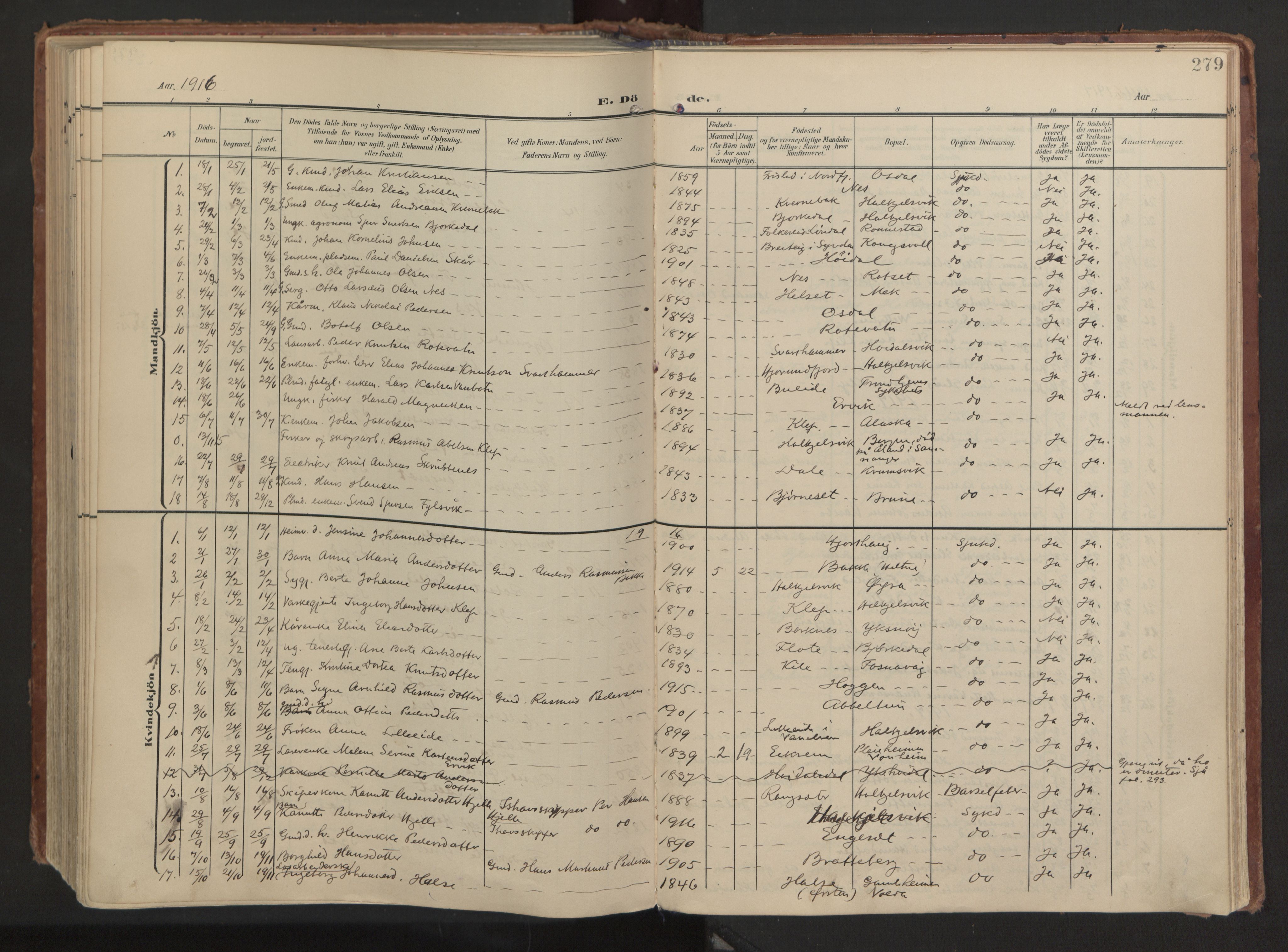 Ministerialprotokoller, klokkerbøker og fødselsregistre - Møre og Romsdal, AV/SAT-A-1454/511/L0144: Ministerialbok nr. 511A11, 1906-1923, s. 279