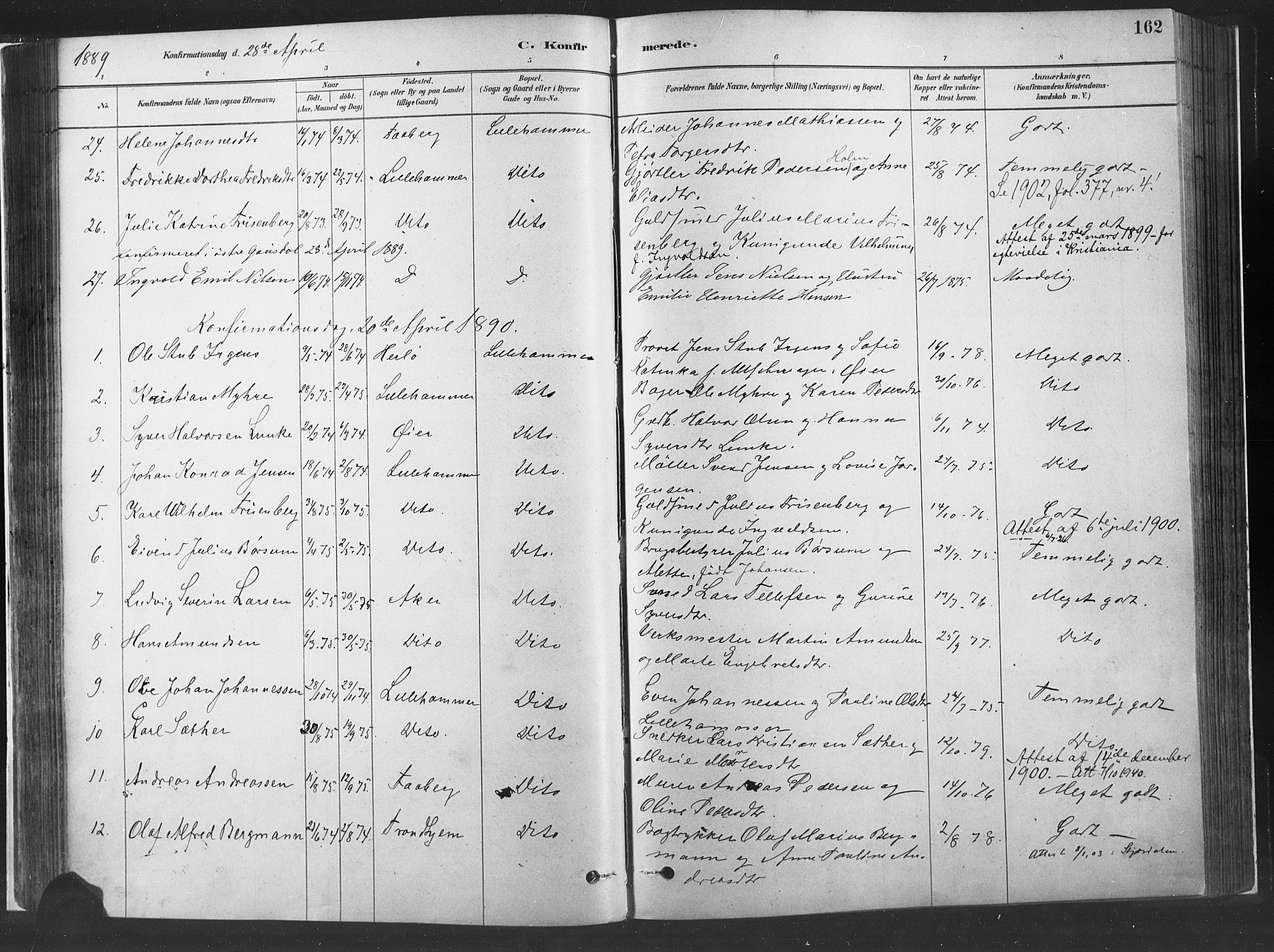 Fåberg prestekontor, AV/SAH-PREST-086/H/Ha/Haa/L0010: Ministerialbok nr. 10, 1879-1900, s. 162