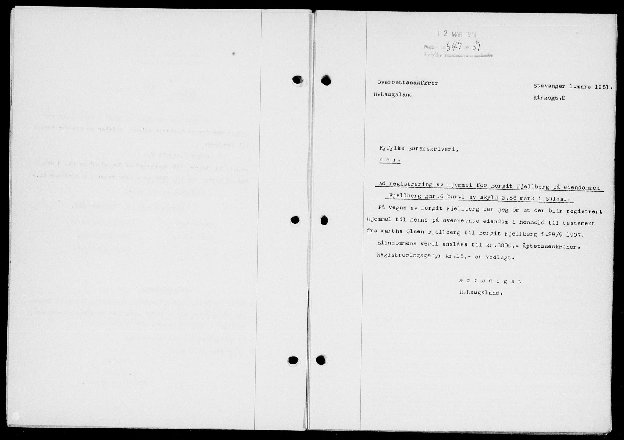 Ryfylke tingrett, SAST/A-100055/001/II/IIB/L0113: Pantebok nr. 92, 1951-1951, Dagboknr: 347/1951