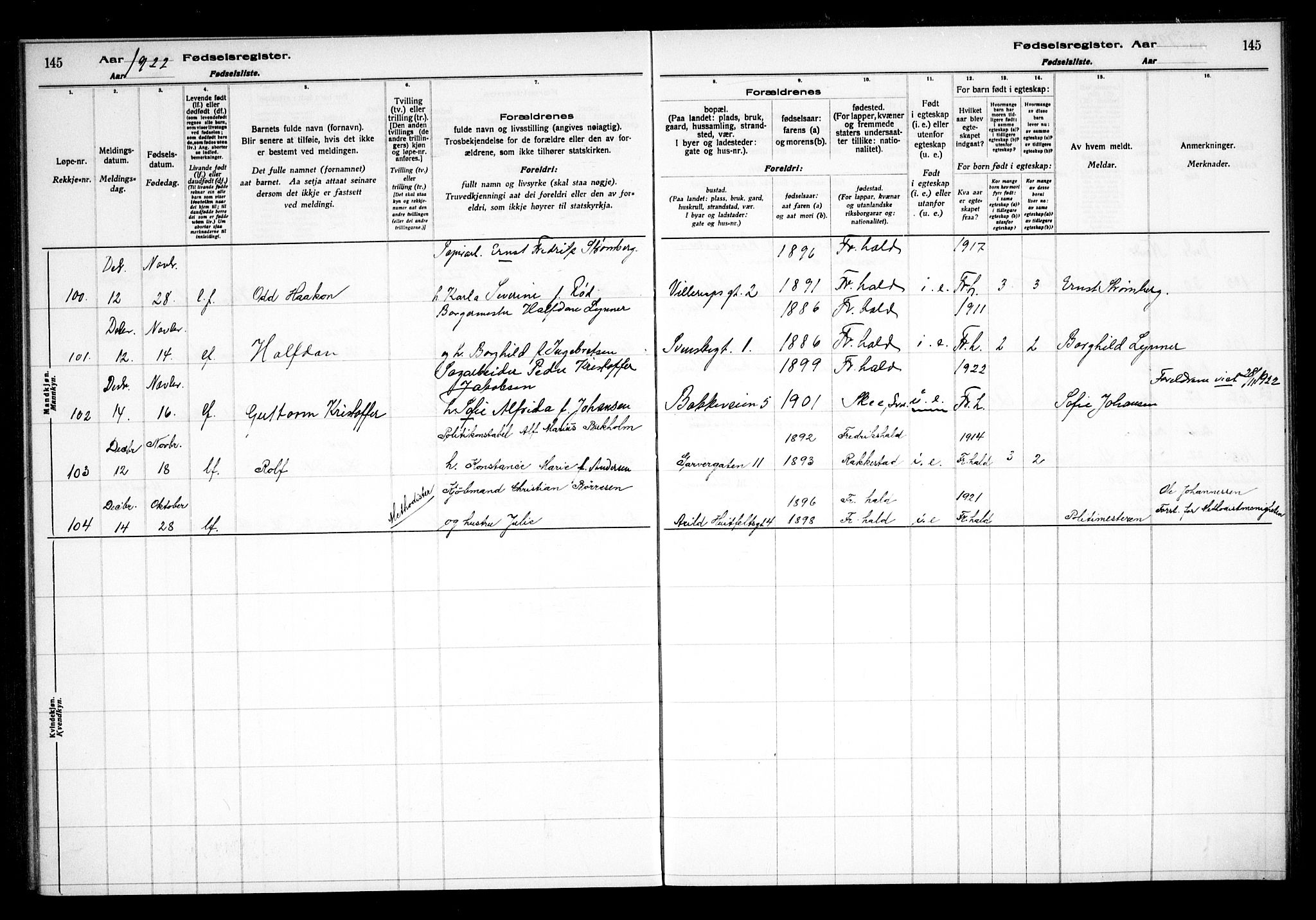 Halden prestekontor Kirkebøker, SAO/A-10909/J/Ja/L0001: Fødselsregister nr. I 1, 1916-1925, s. 145