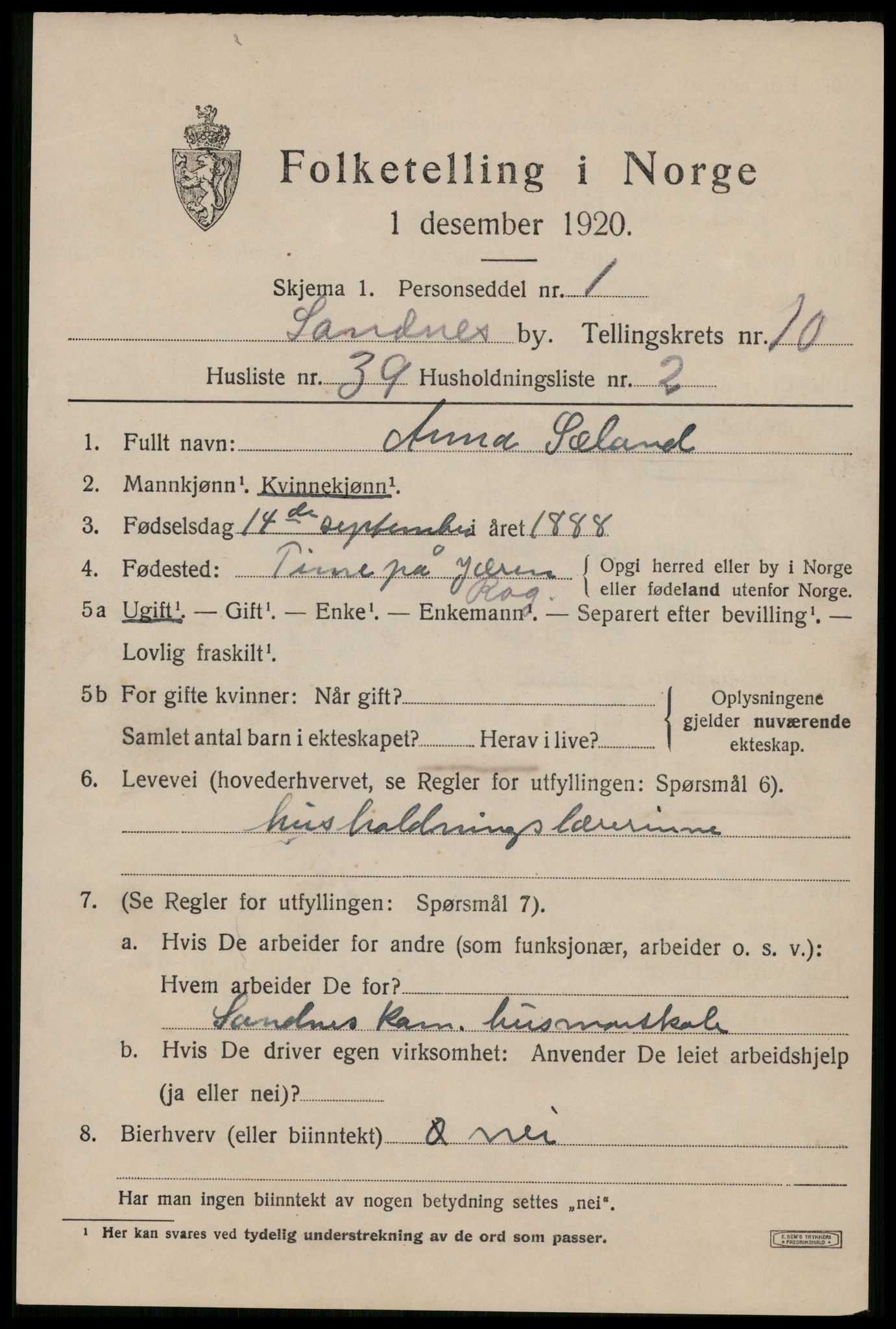 SAST, Folketelling 1920 for 1102 Sandnes ladested, 1920, s. 7224