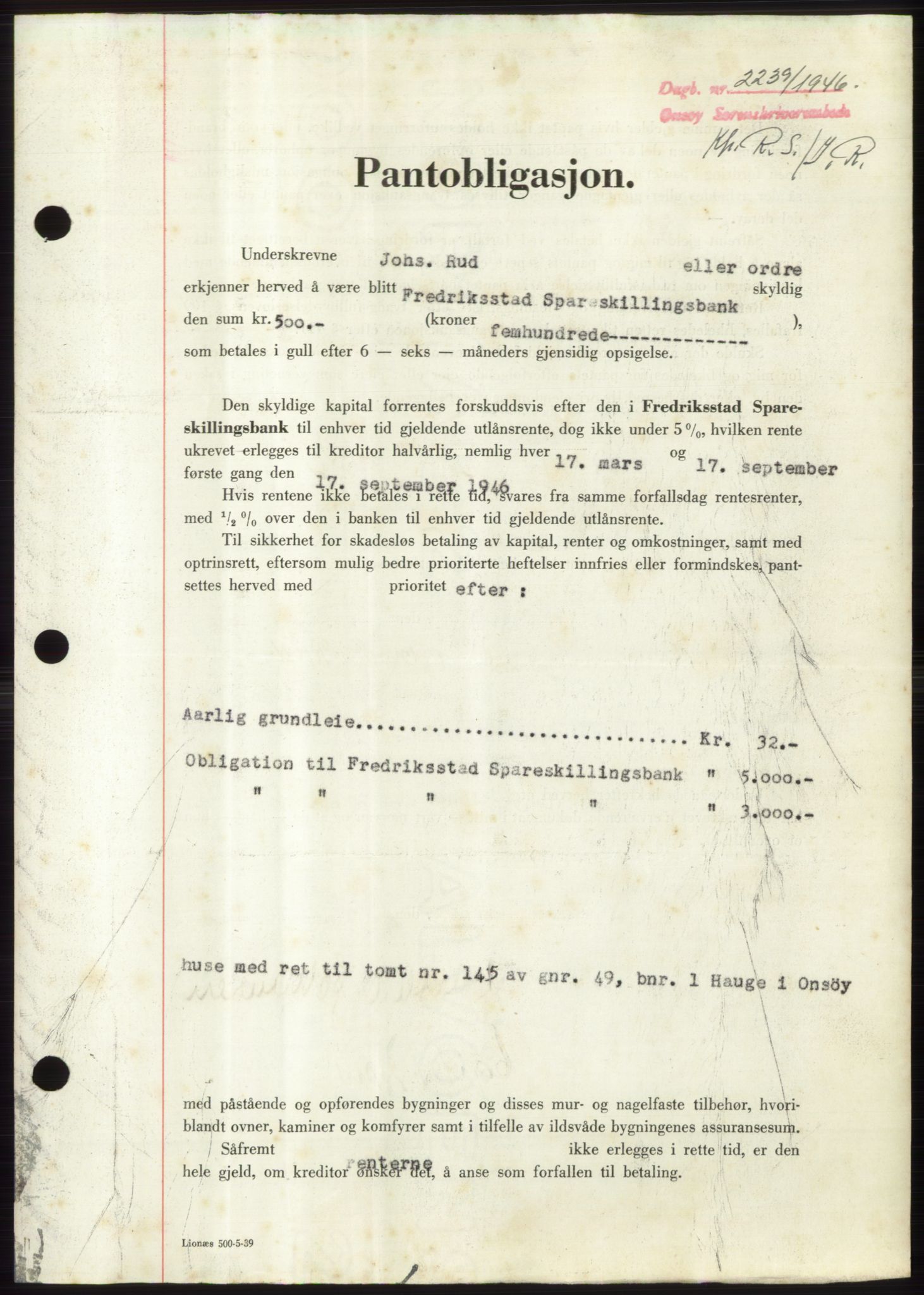 Onsøy sorenskriveri, SAO/A-10474/G/Ga/Gac/L0005: Pantebok nr. B 9-5, 1946-1947, Dagboknr: 2239/1946