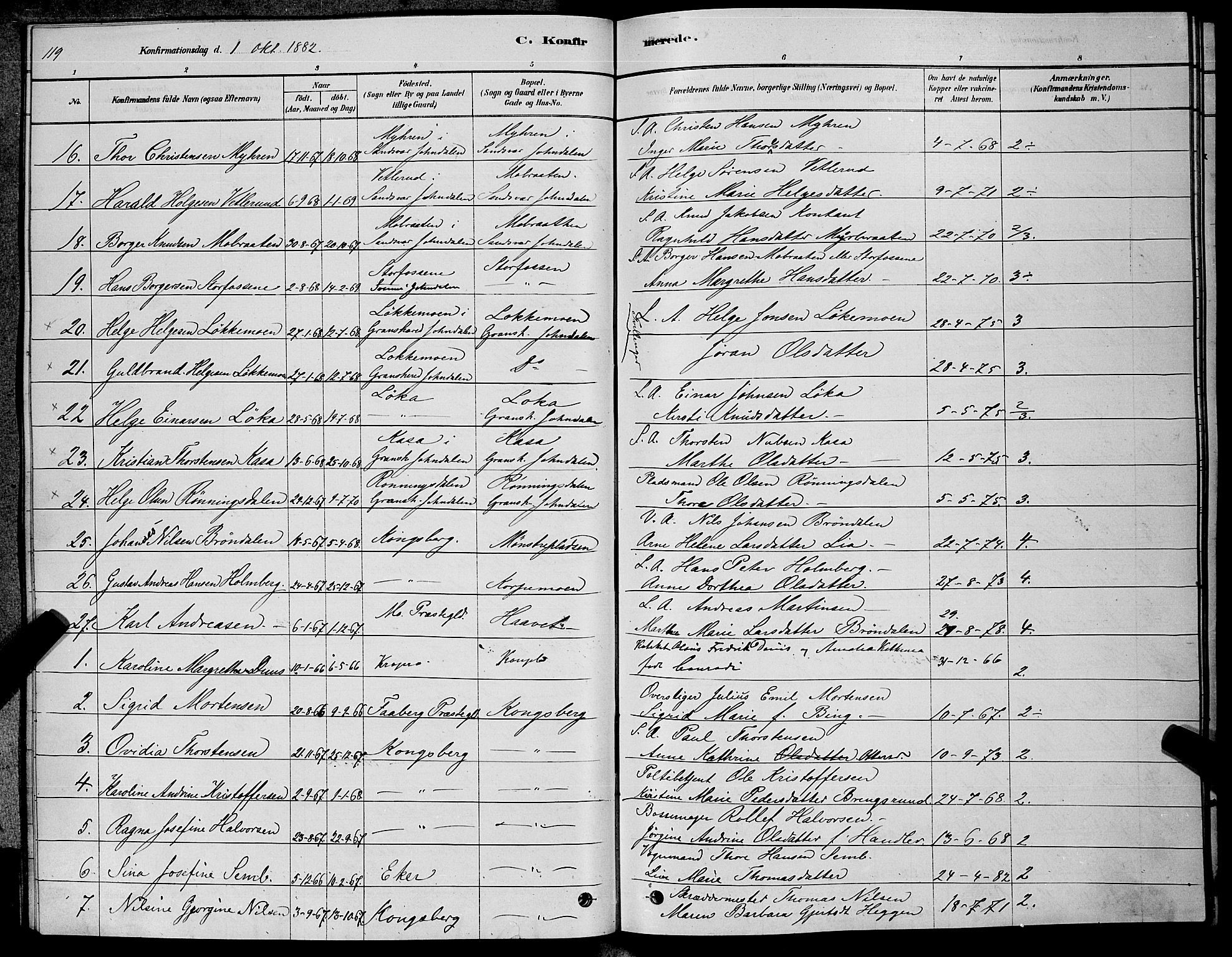 Kongsberg kirkebøker, AV/SAKO-A-22/G/Ga/L0005: Klokkerbok nr. 5, 1878-1889, s. 119