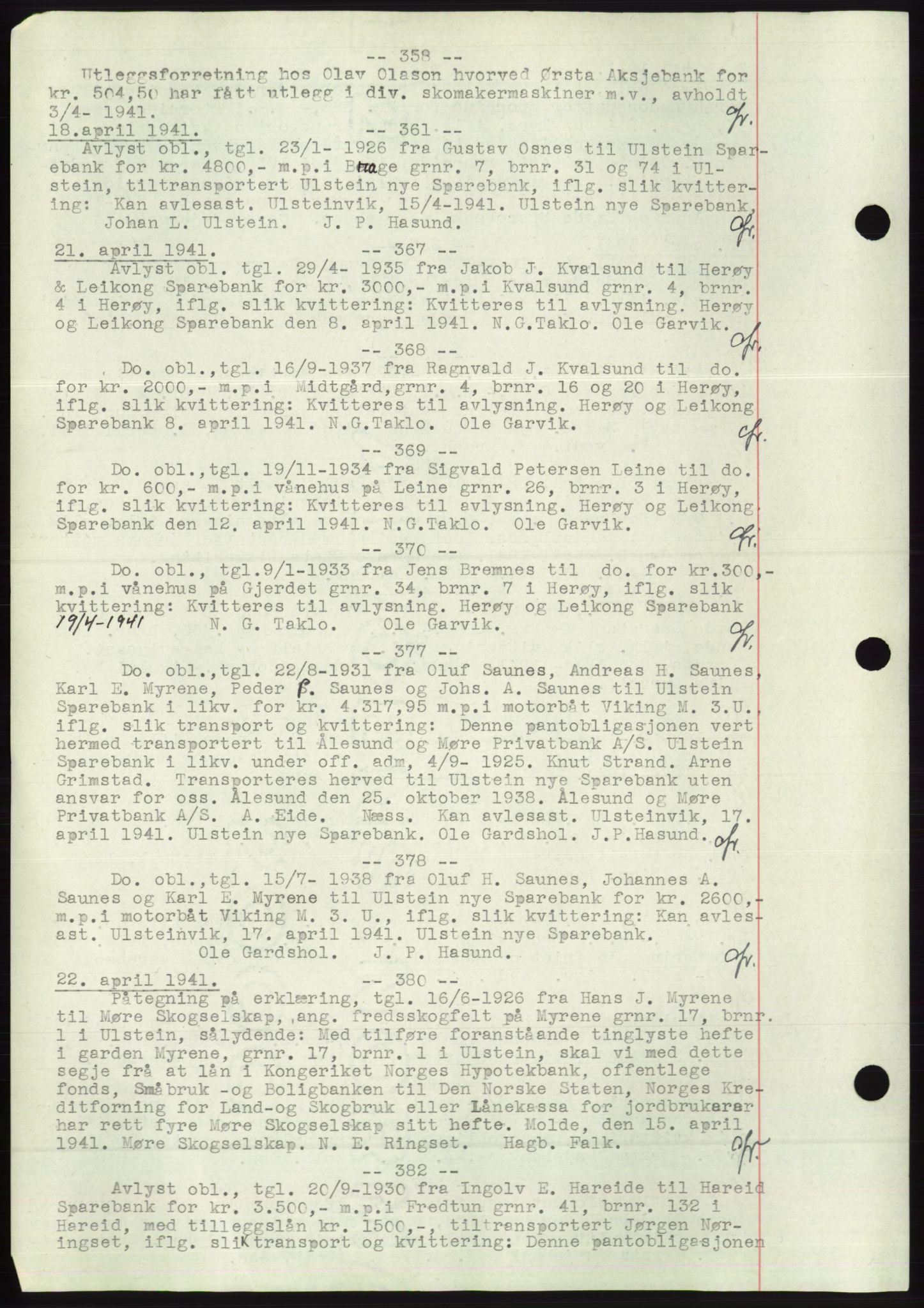 Søre Sunnmøre sorenskriveri, AV/SAT-A-4122/1/2/2C/L0072: Pantebok nr. 66, 1941-1955, Dagboknr: 361/1941