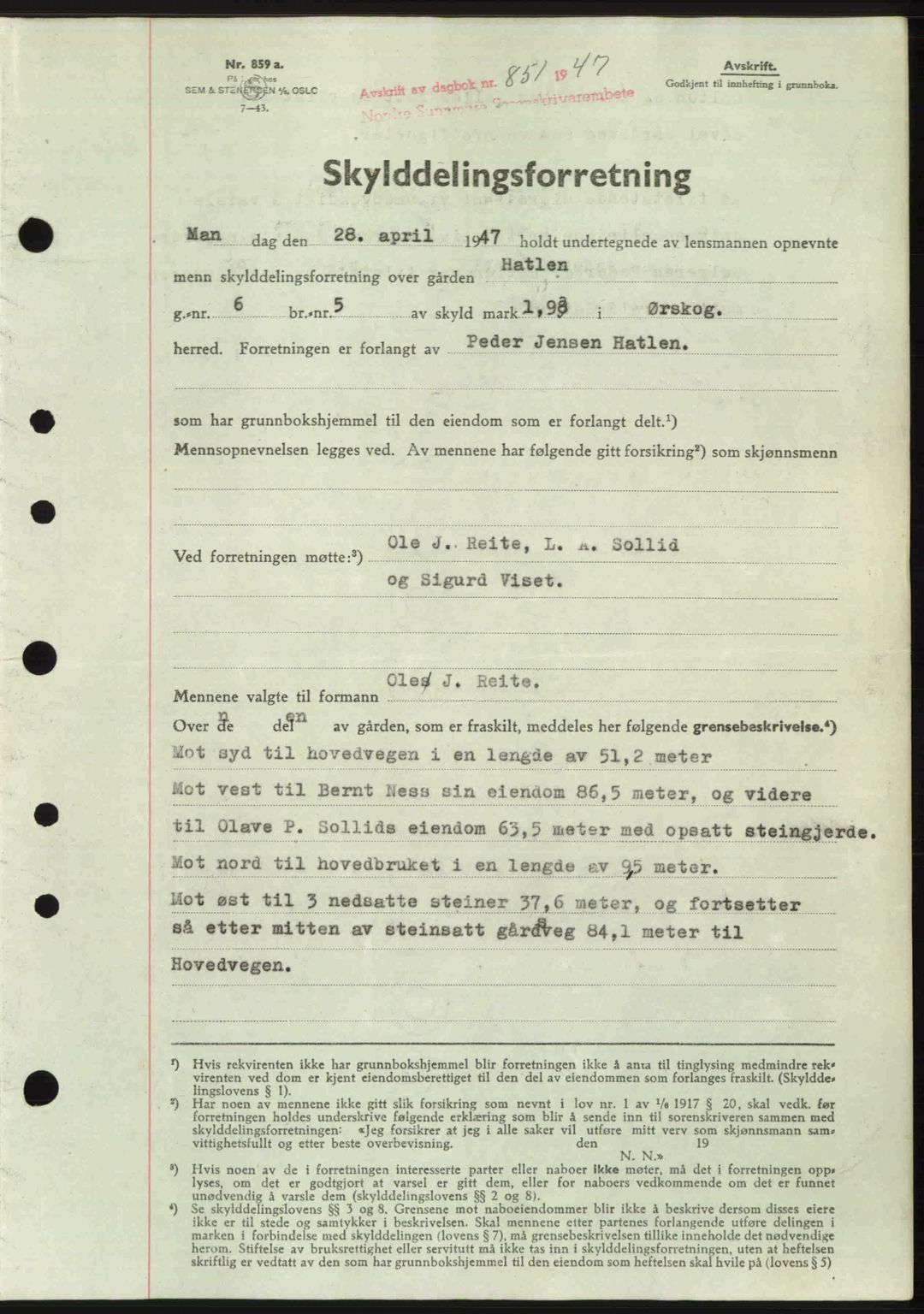 Nordre Sunnmøre sorenskriveri, SAT/A-0006/1/2/2C/2Ca: Pantebok nr. A24, 1947-1947, Dagboknr: 851/1947