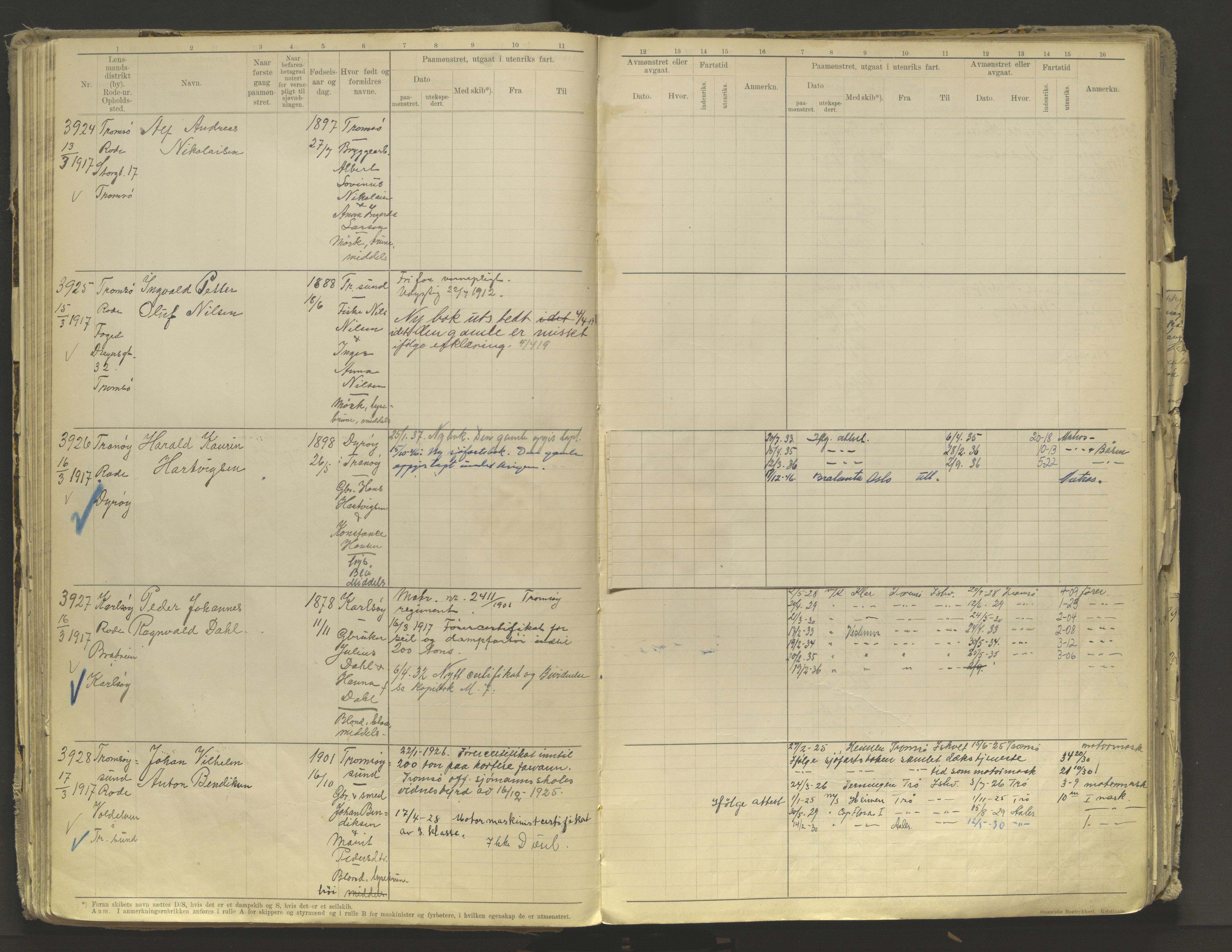 Tromsø sjømannskontor/innrullerings-/mønstringsdistrikt, AV/SATØ-S-0243/F/Fb/L0010: Annotasjonsrulle. Defekt: løs innbinding. Nr. 3519-4972, 1916-1920