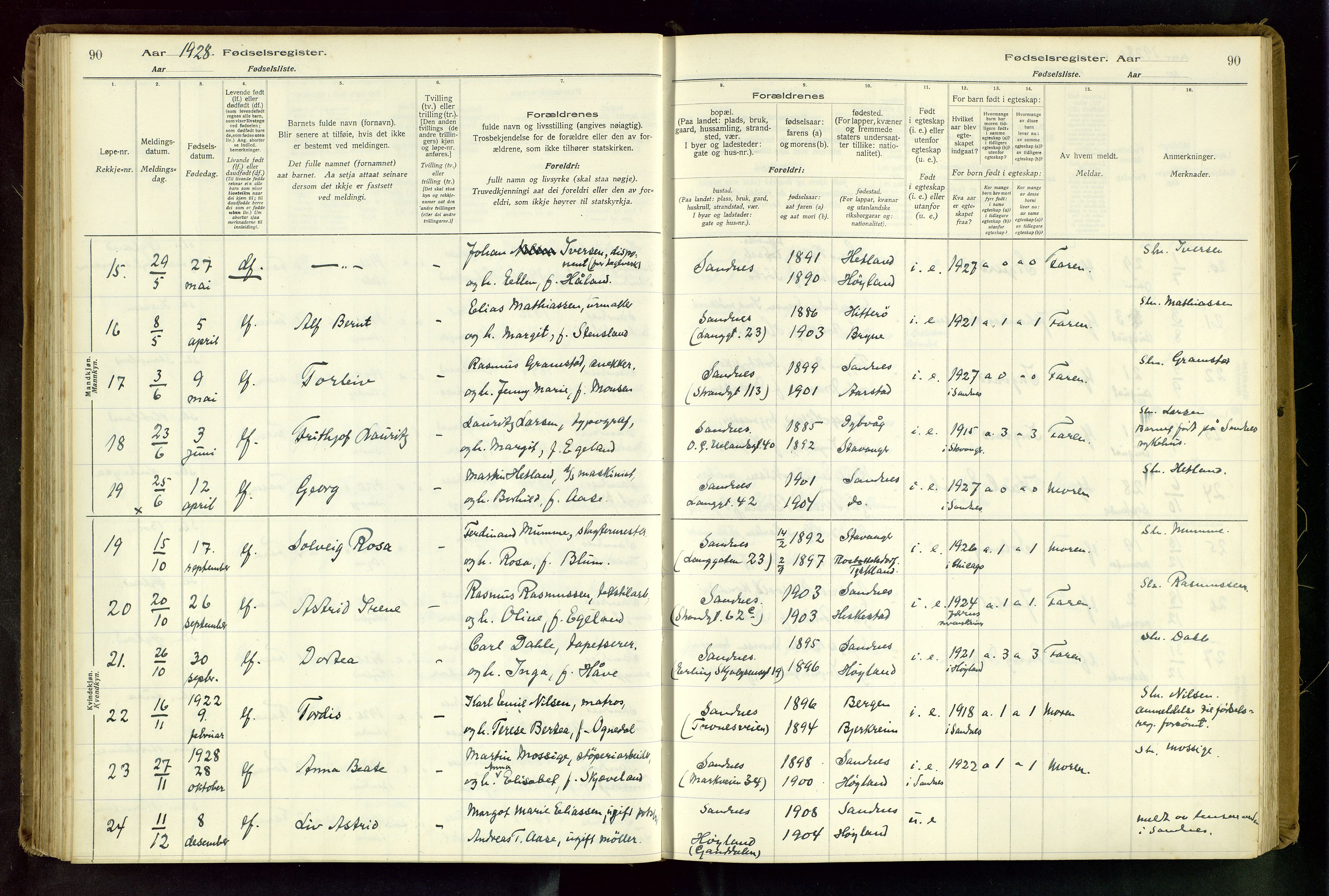 Sandnes sokneprestkontor, AV/SAST-A-101800/704BA/L0001: Fødselsregister nr. 1, 1916-1942, s. 90