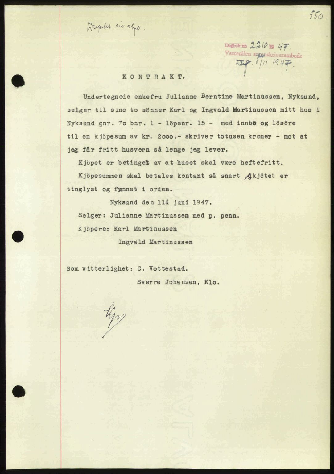 Vesterålen sorenskriveri, SAT/A-4180/1/2/2Ca: Pantebok nr. A21, 1947-1947, Dagboknr: 2210/1947