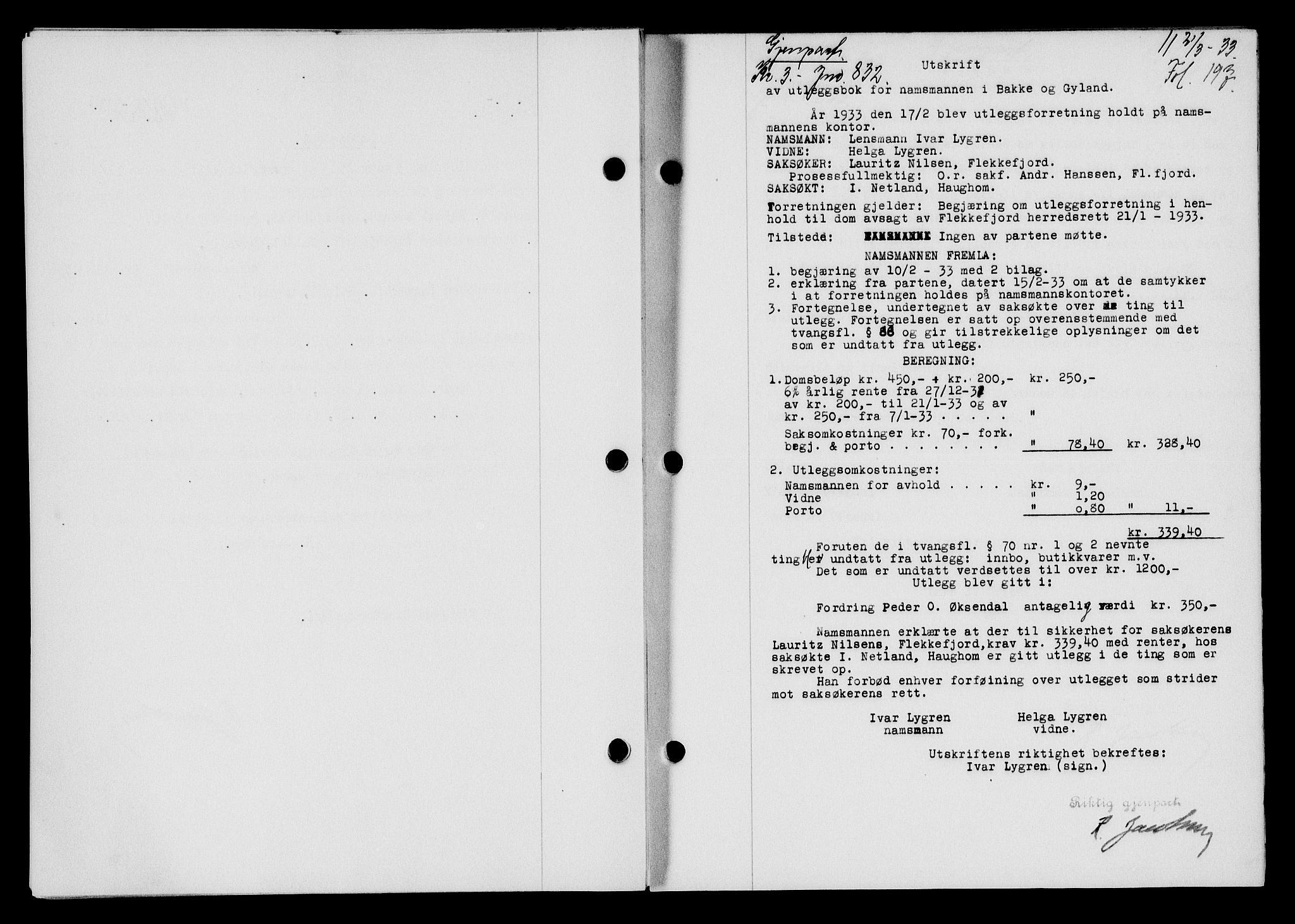 Flekkefjord sorenskriveri, SAK/1221-0001/G/Gb/Gba/L0049: Pantebok nr. 46, 1933-1934, Tingl.dato: 21.03.1933