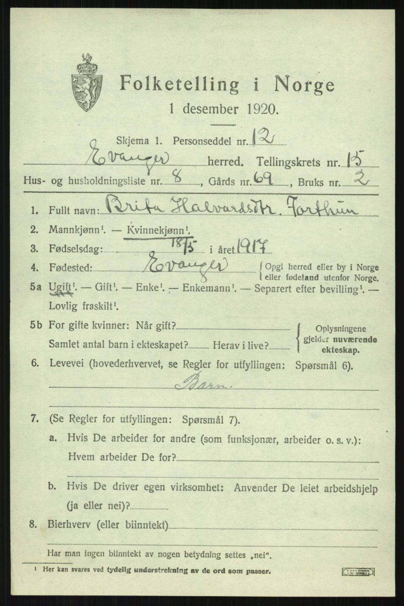 SAB, Folketelling 1920 for 1237 Evanger herred, 1920, s. 4243