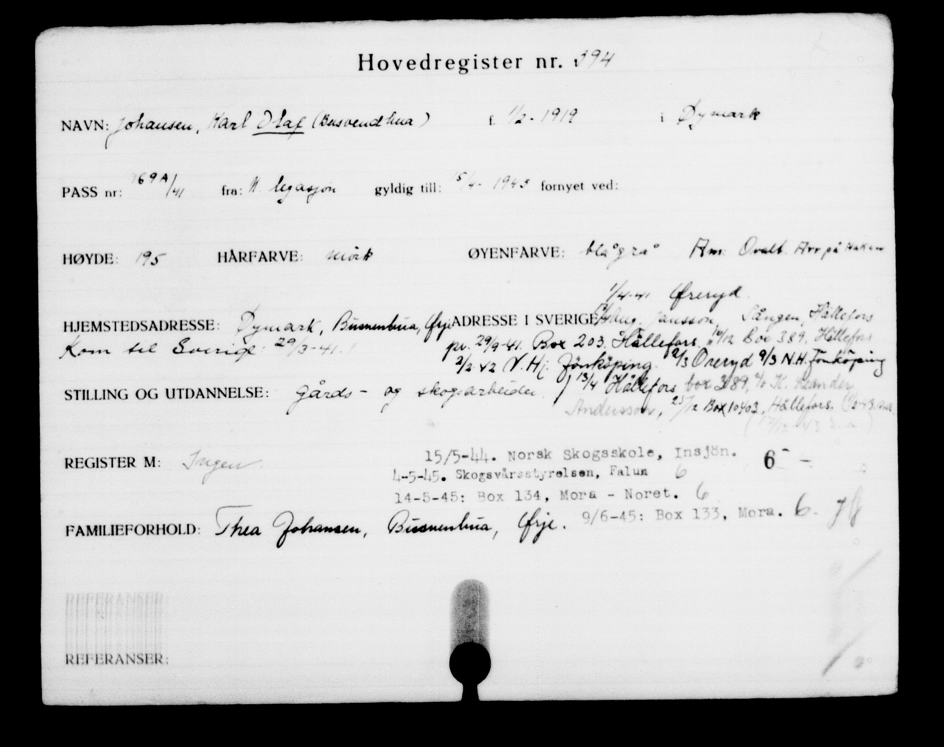 Utenriksstasjonene, Legasjonen i Stockholm, Flyktningkontoret, AV/RA-S-6753/V/Va/L0001: Kjesäterkartoteket, flyktninger med registreringsnr. 1-1000, 1940-1945, s. 617