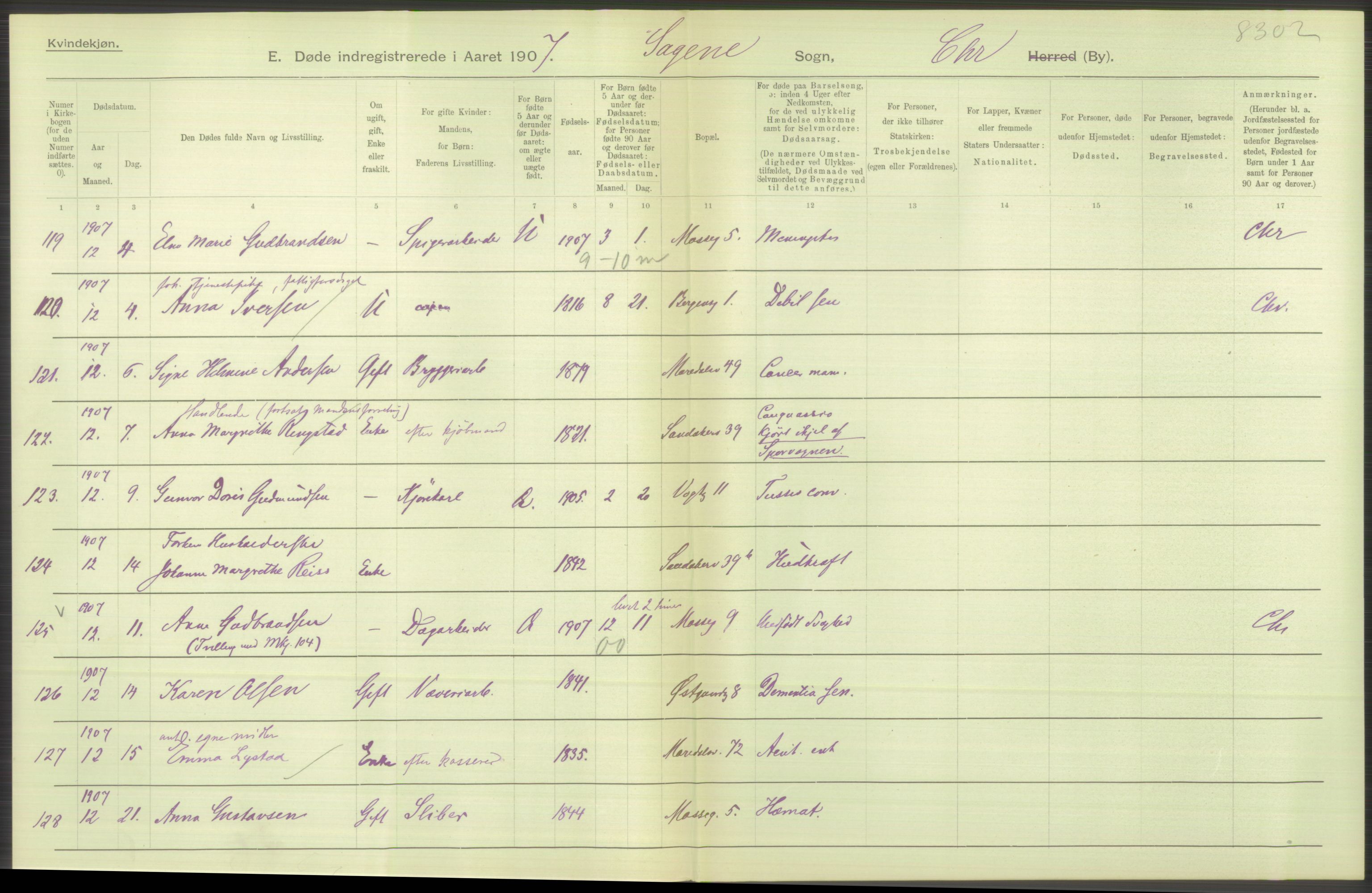 Statistisk sentralbyrå, Sosiodemografiske emner, Befolkning, AV/RA-S-2228/D/Df/Dfa/Dfae/L0009: Kristiania: Døde, 1907, s. 30