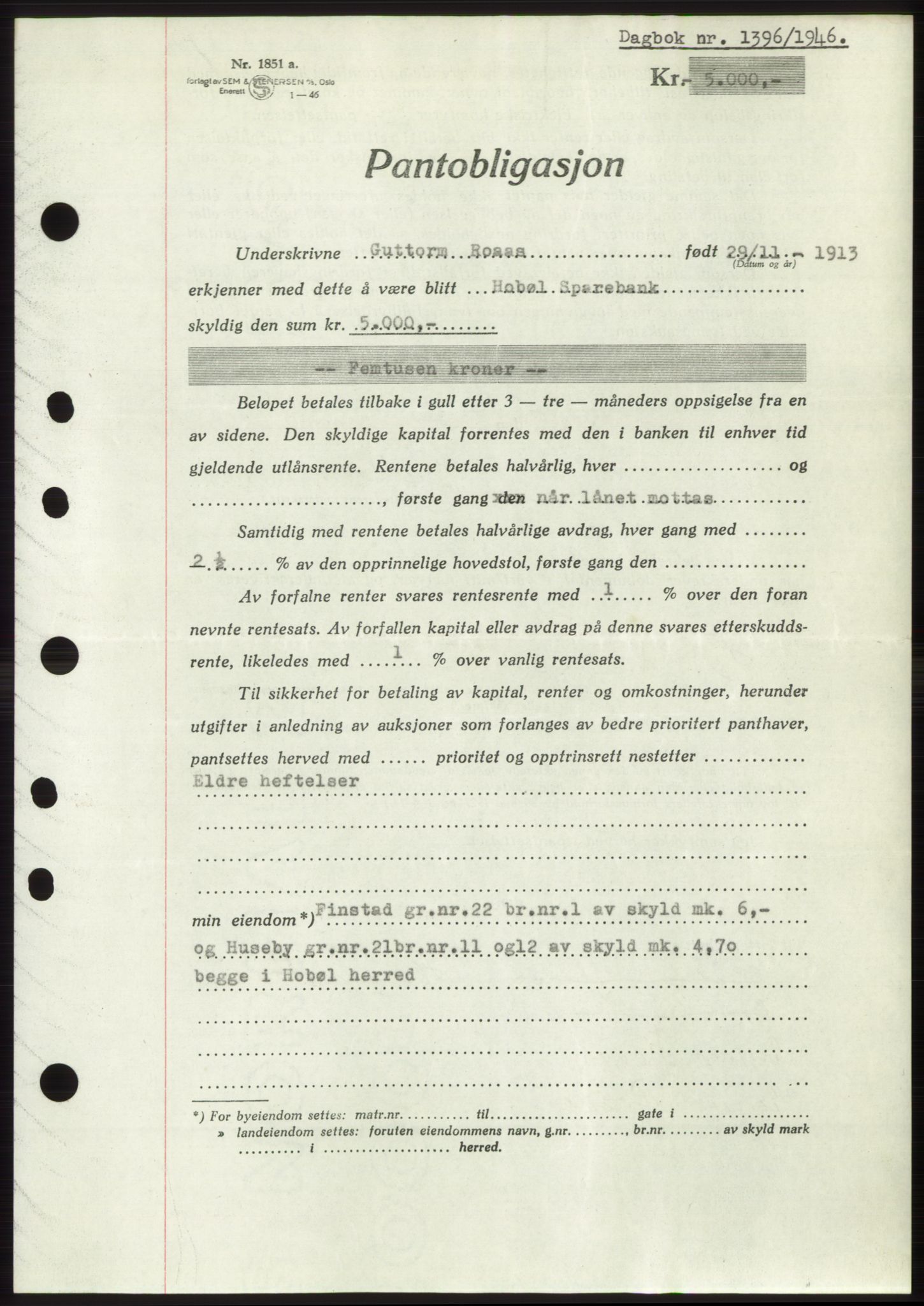 Moss sorenskriveri, SAO/A-10168: Pantebok nr. B15, 1946-1946, Dagboknr: 1396/1946