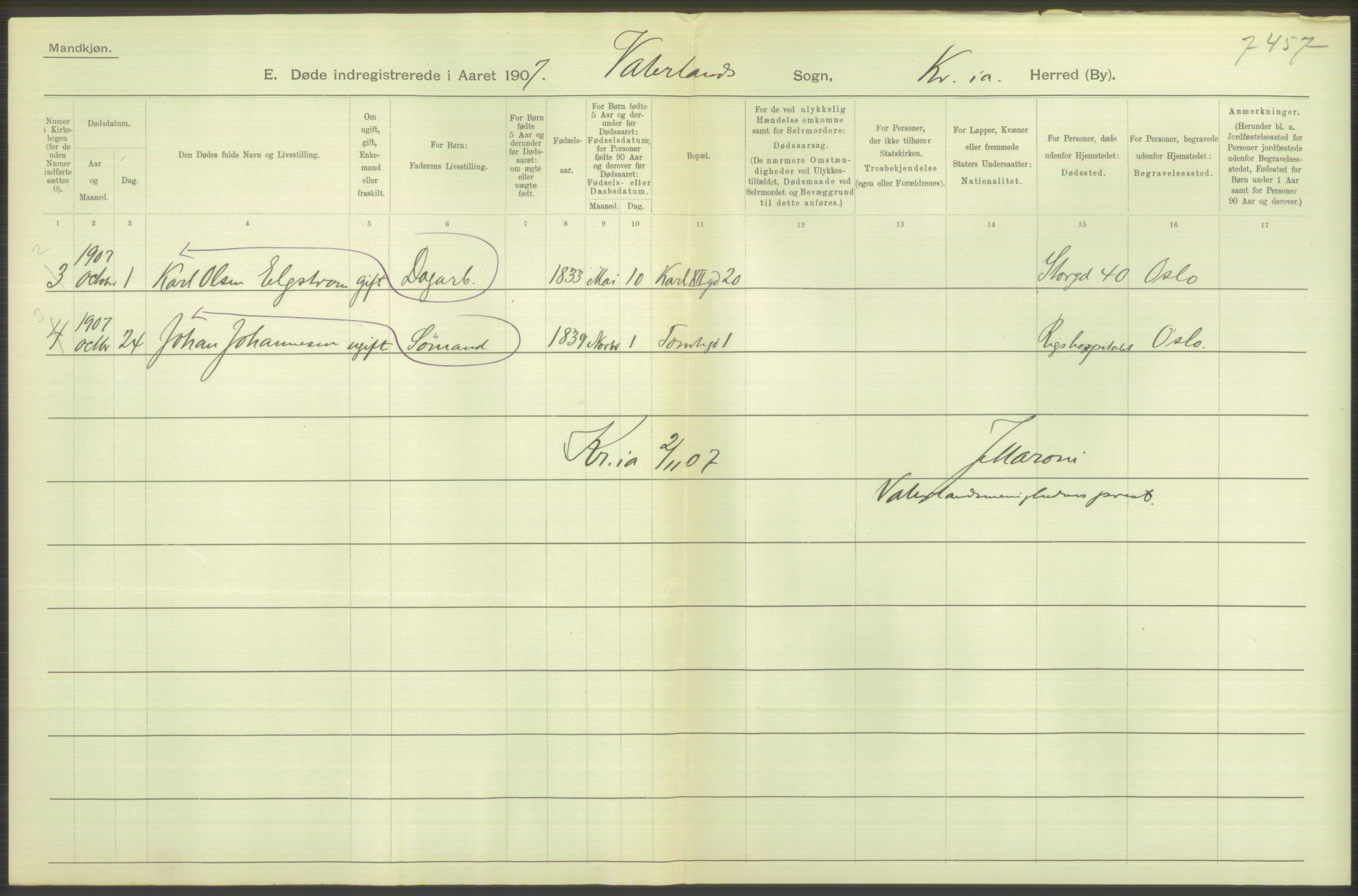 Statistisk sentralbyrå, Sosiodemografiske emner, Befolkning, RA/S-2228/D/Df/Dfa/Dfae/L0009: Kristiania: Døde, 1907, s. 152