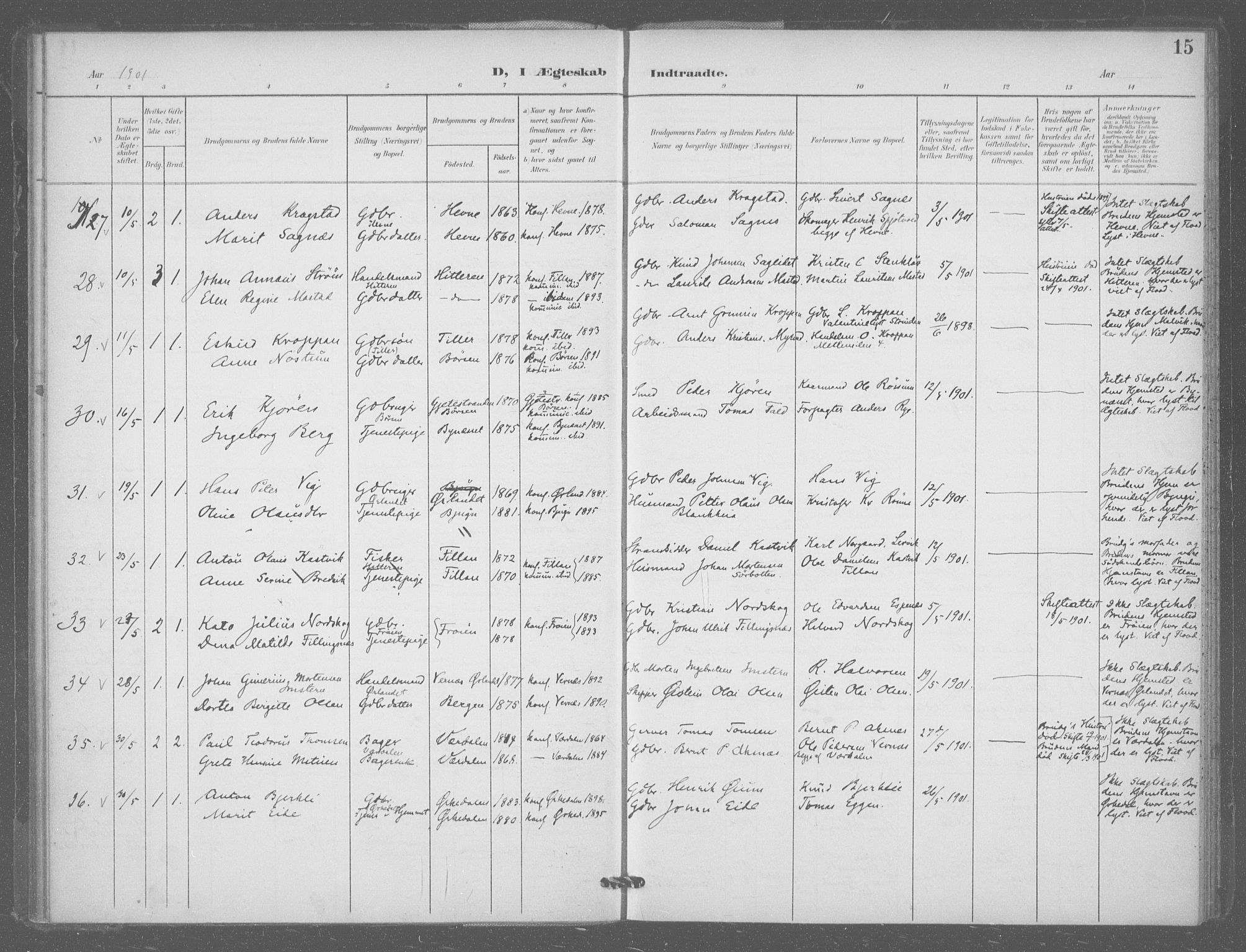 Ministerialprotokoller, klokkerbøker og fødselsregistre - Sør-Trøndelag, SAT/A-1456/601/L0077: Residerende kapellans bok nr. 601B10, 1900-1907, s. 15