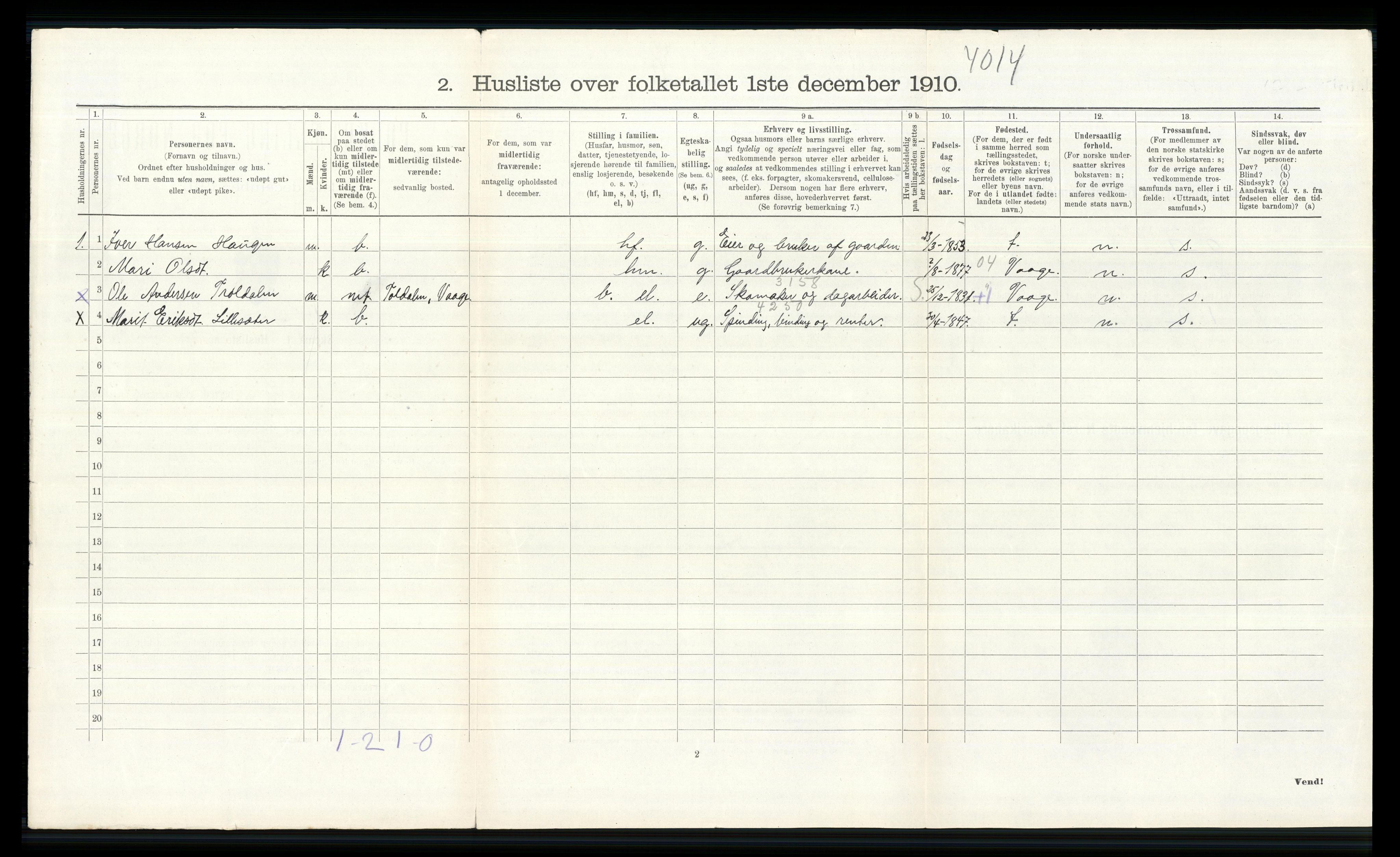 RA, Folketelling 1910 for 0514 Lom herred, 1910, s. 190