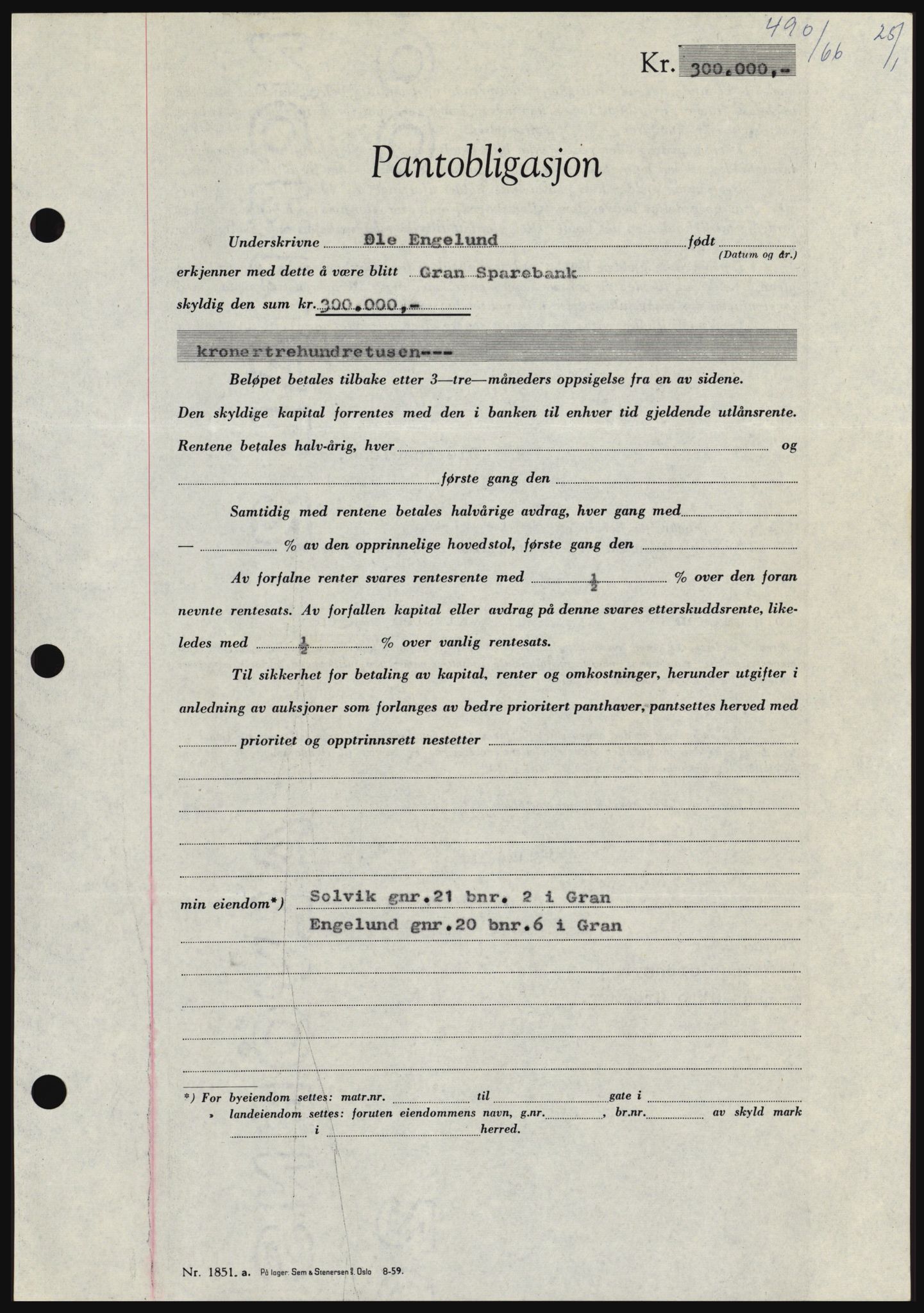 Hadeland og Land tingrett, SAH/TING-010/H/Hb/Hbc/L0061: Pantebok nr. B61, 1965-1966, Dagboknr: 490/1966