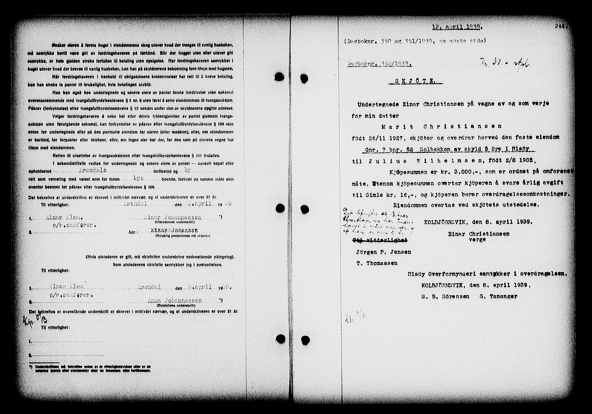 Nedenes sorenskriveri, SAK/1221-0006/G/Gb/Gba/L0046: Pantebok nr. 42, 1938-1939, Dagboknr: 352/1939