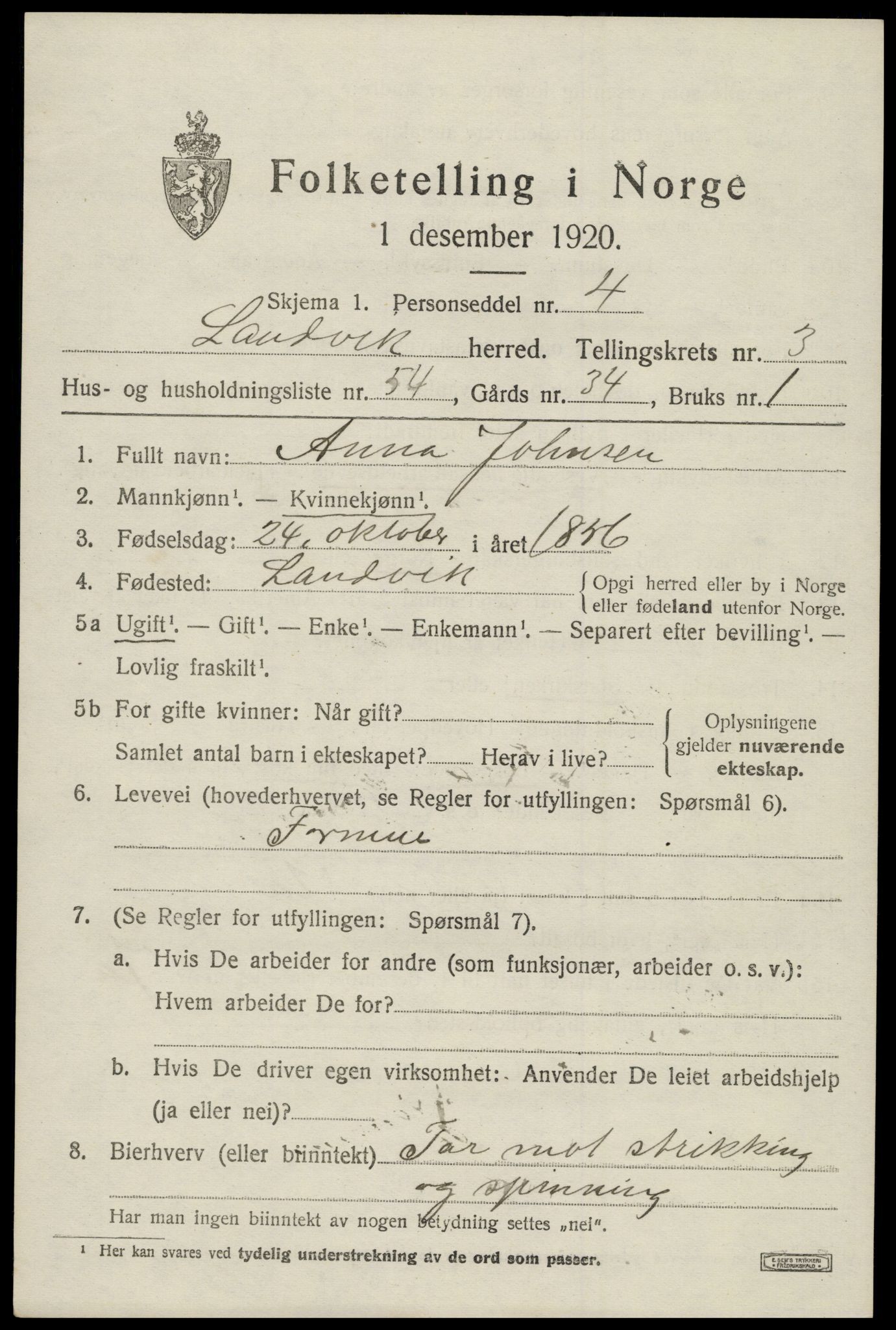 SAK, Folketelling 1920 for 0924 Landvik herred, 1920, s. 3414