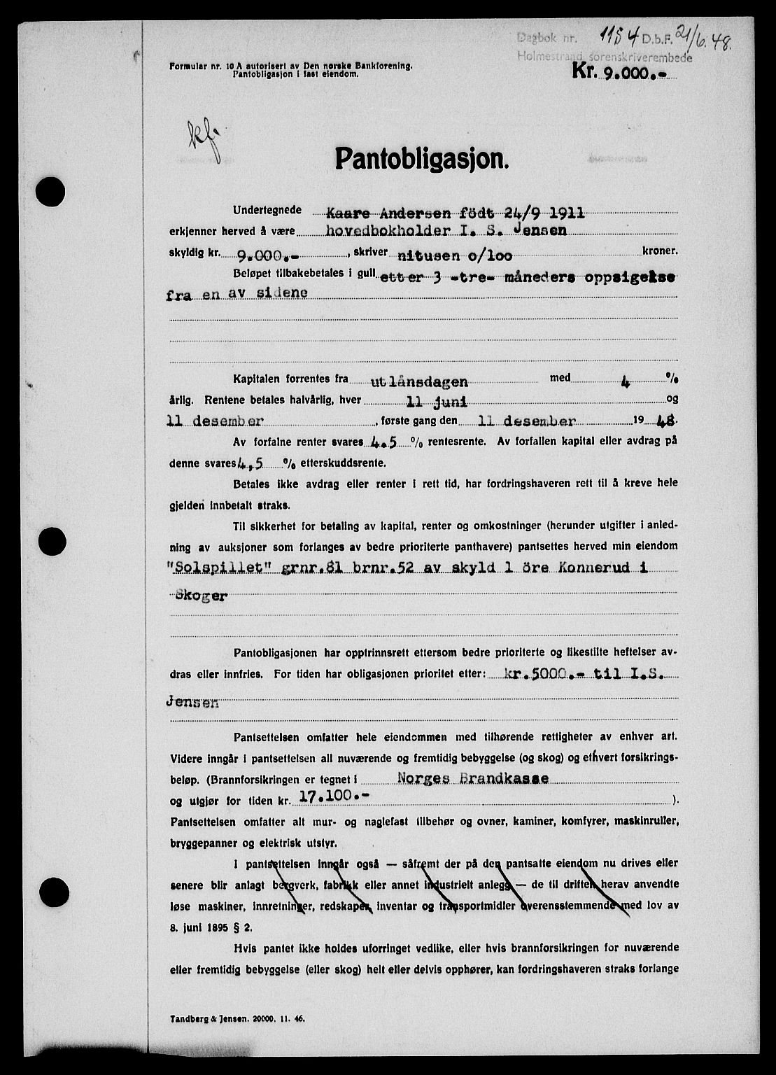Holmestrand sorenskriveri, SAKO/A-67/G/Ga/Gab/L0058: Pantebok nr. B-58, 1947-1948, Dagboknr: 1154/1948