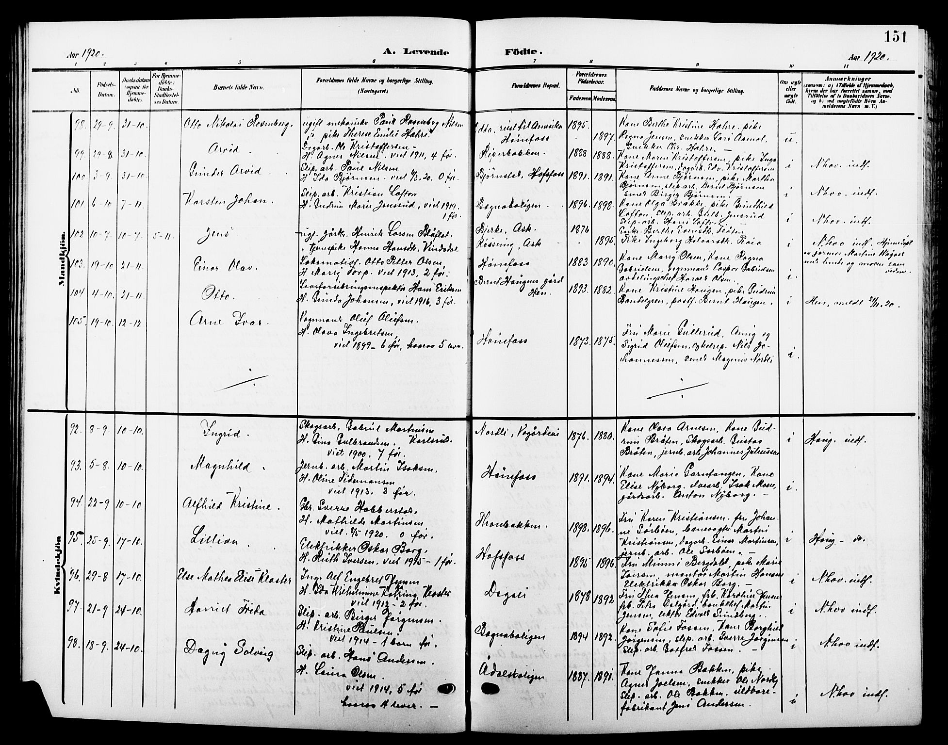 Hønefoss kirkebøker, AV/SAKO-A-609/G/Ga/L0003: Klokkerbok nr. 3, 1905-1925, s. 151