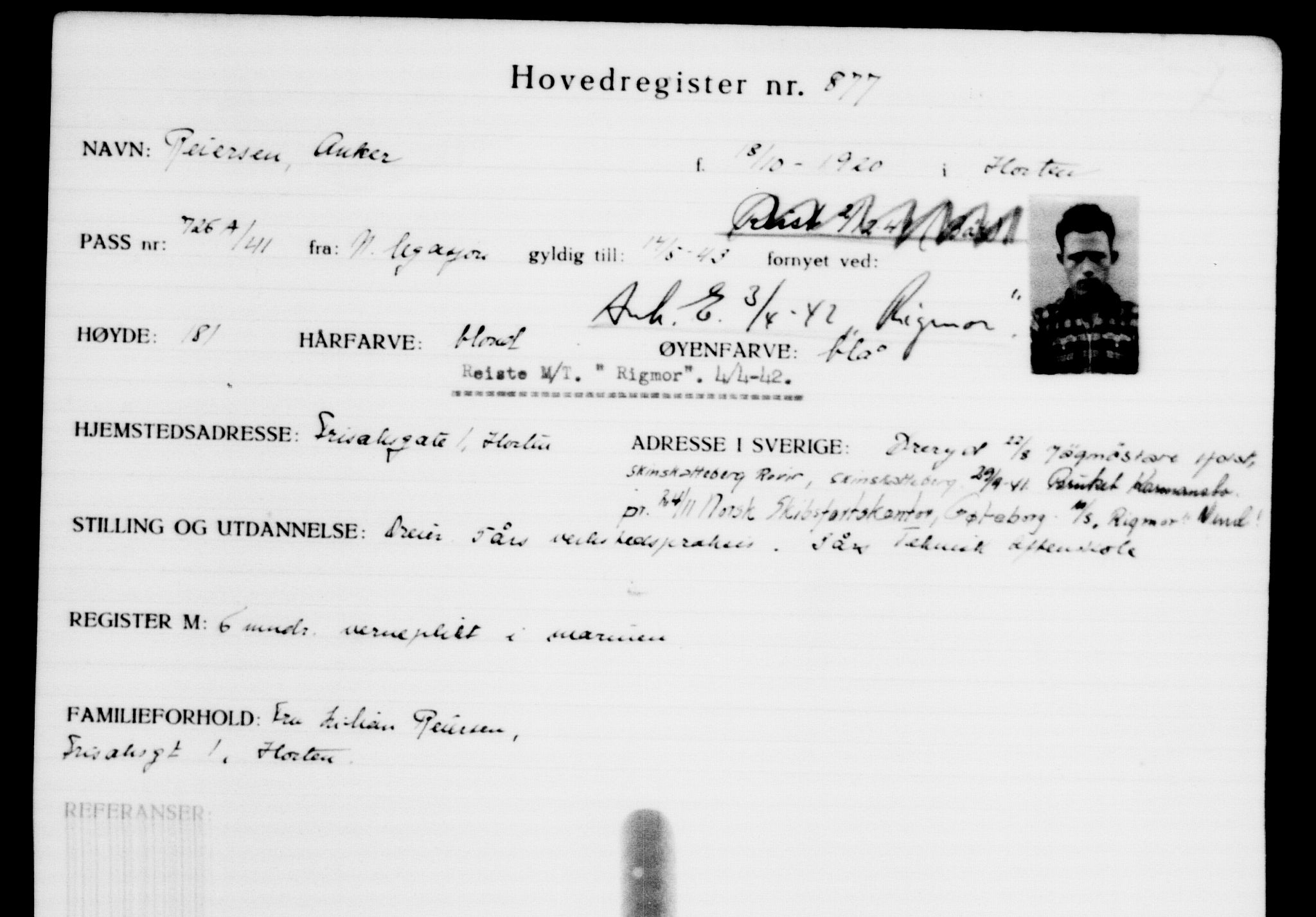 Utenriksstasjonene, Legasjonen i Stockholm, Flyktningkontoret, AV/RA-S-6753/V/Va/L0001: Kjesäterkartoteket, flyktninger med registreringsnr. 1-1000, 1940-1945, s. 1389