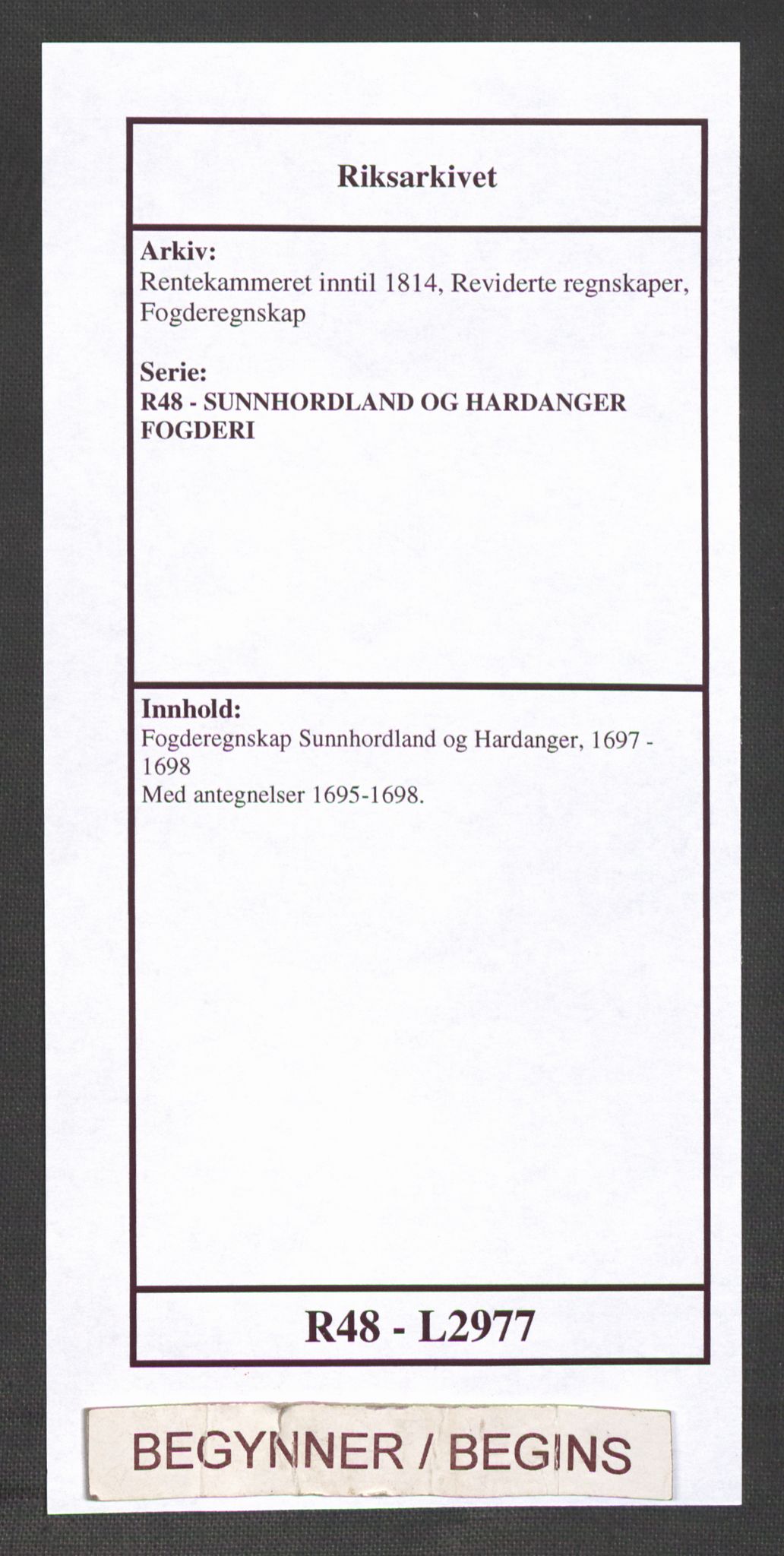 Rentekammeret inntil 1814, Reviderte regnskaper, Fogderegnskap, RA/EA-4092/R48/L2977: Fogderegnskap Sunnhordland og Hardanger, 1697-1698, s. 1