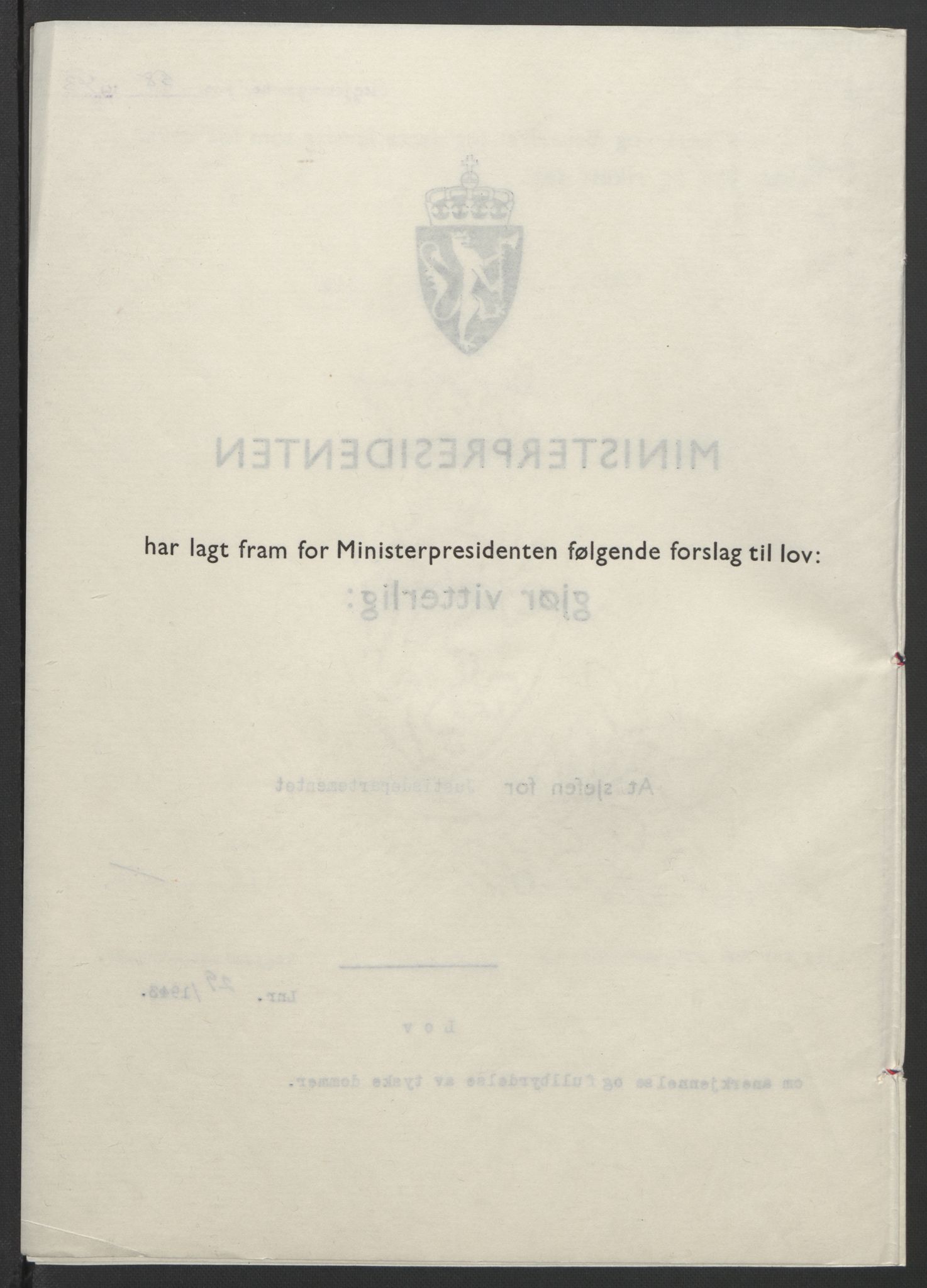 NS-administrasjonen 1940-1945 (Statsrådsekretariatet, de kommisariske statsråder mm), RA/S-4279/D/Db/L0099: Lover, 1943, s. 120