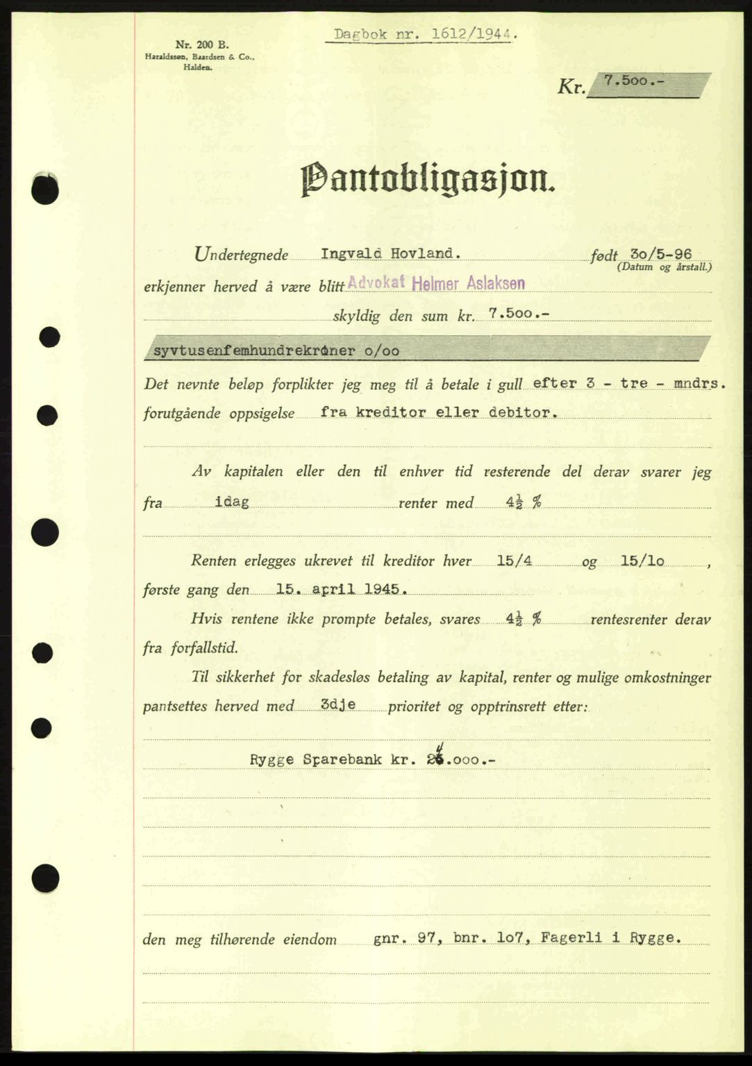 Moss sorenskriveri, SAO/A-10168: Pantebok nr. B13, 1943-1945, Dagboknr: 1612/1944