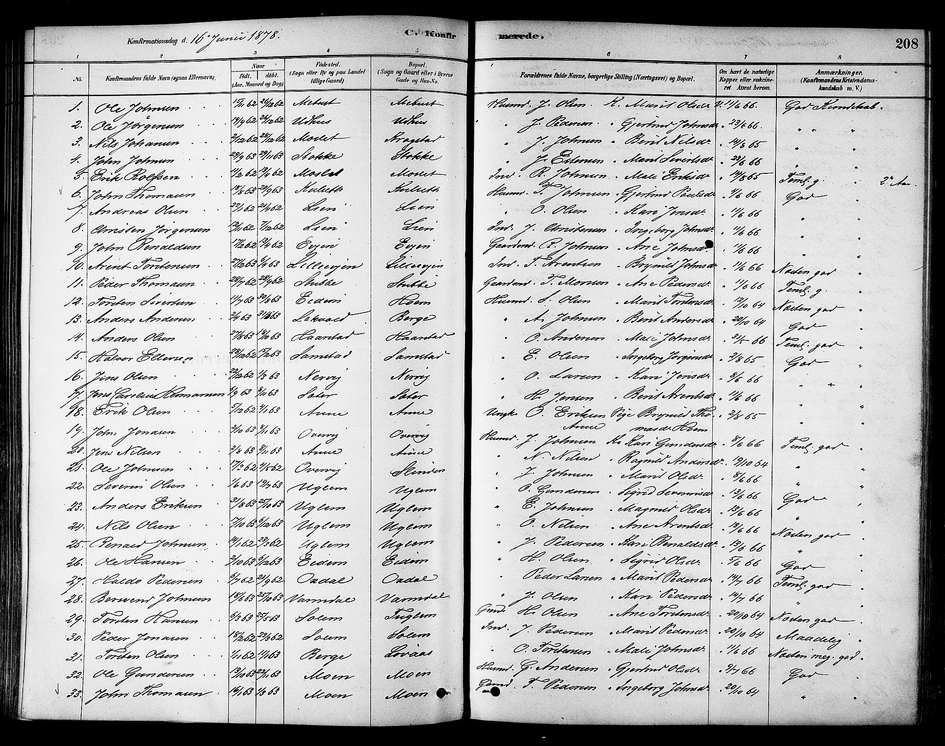 Ministerialprotokoller, klokkerbøker og fødselsregistre - Sør-Trøndelag, AV/SAT-A-1456/695/L1148: Ministerialbok nr. 695A08, 1878-1891, s. 208