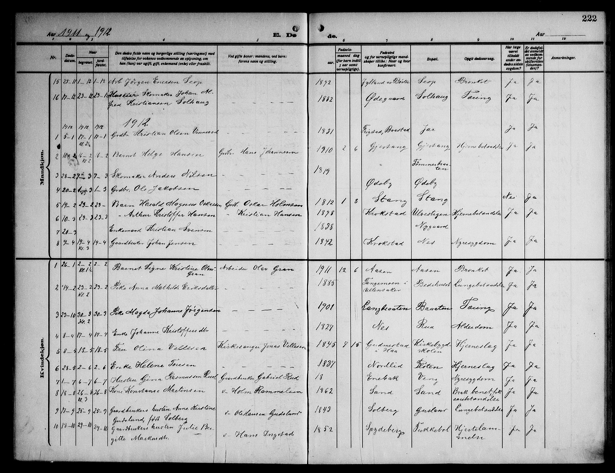 Enebakk prestekontor Kirkebøker, AV/SAO-A-10171c/G/Ga/L0007: Klokkerbok nr. I 7, 1911-1949, s. 222