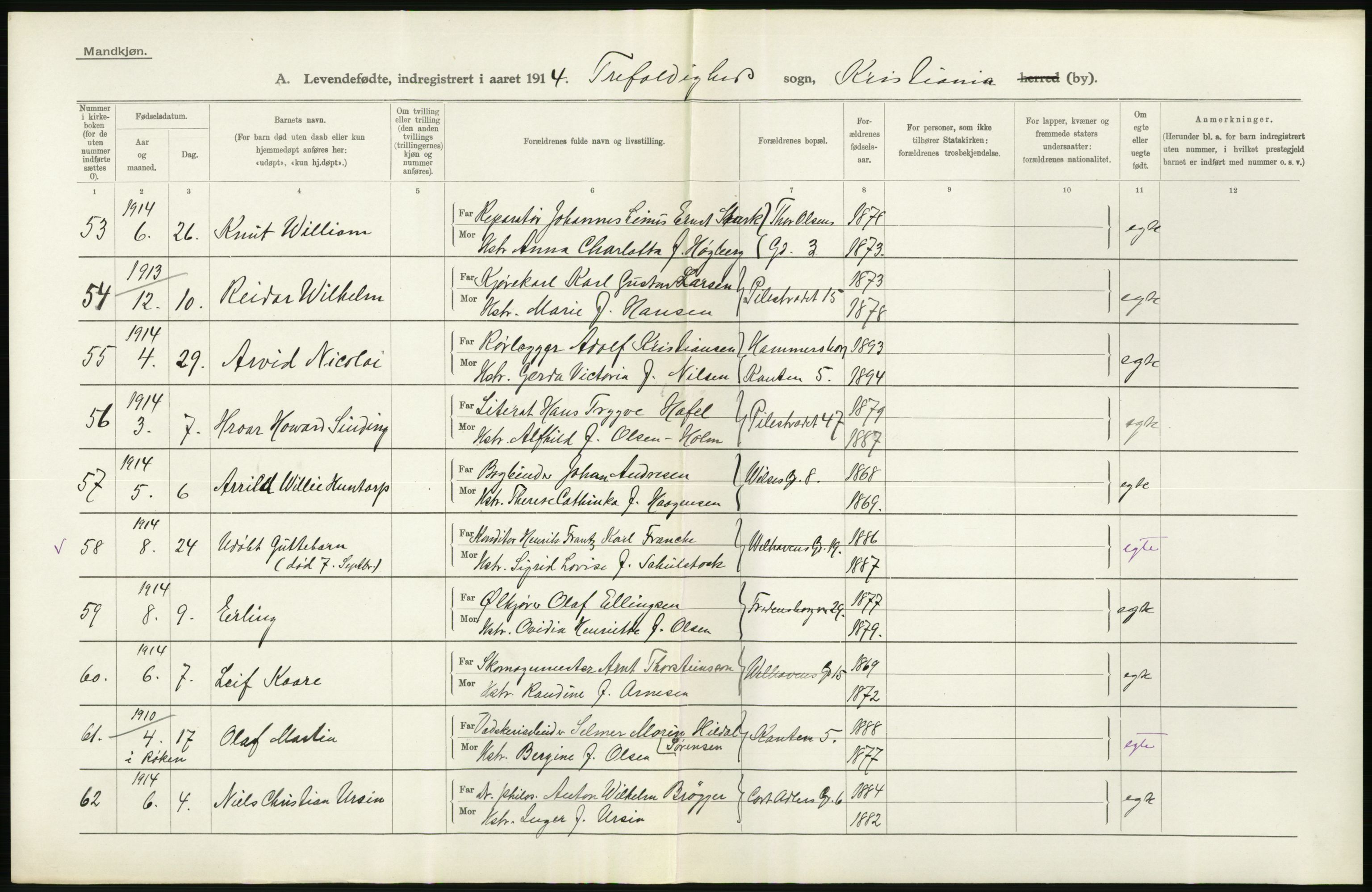 Statistisk sentralbyrå, Sosiodemografiske emner, Befolkning, RA/S-2228/D/Df/Dfb/Dfbd/L0006: Kristiania: Levendefødte menn og kvinner., 1914, s. 212