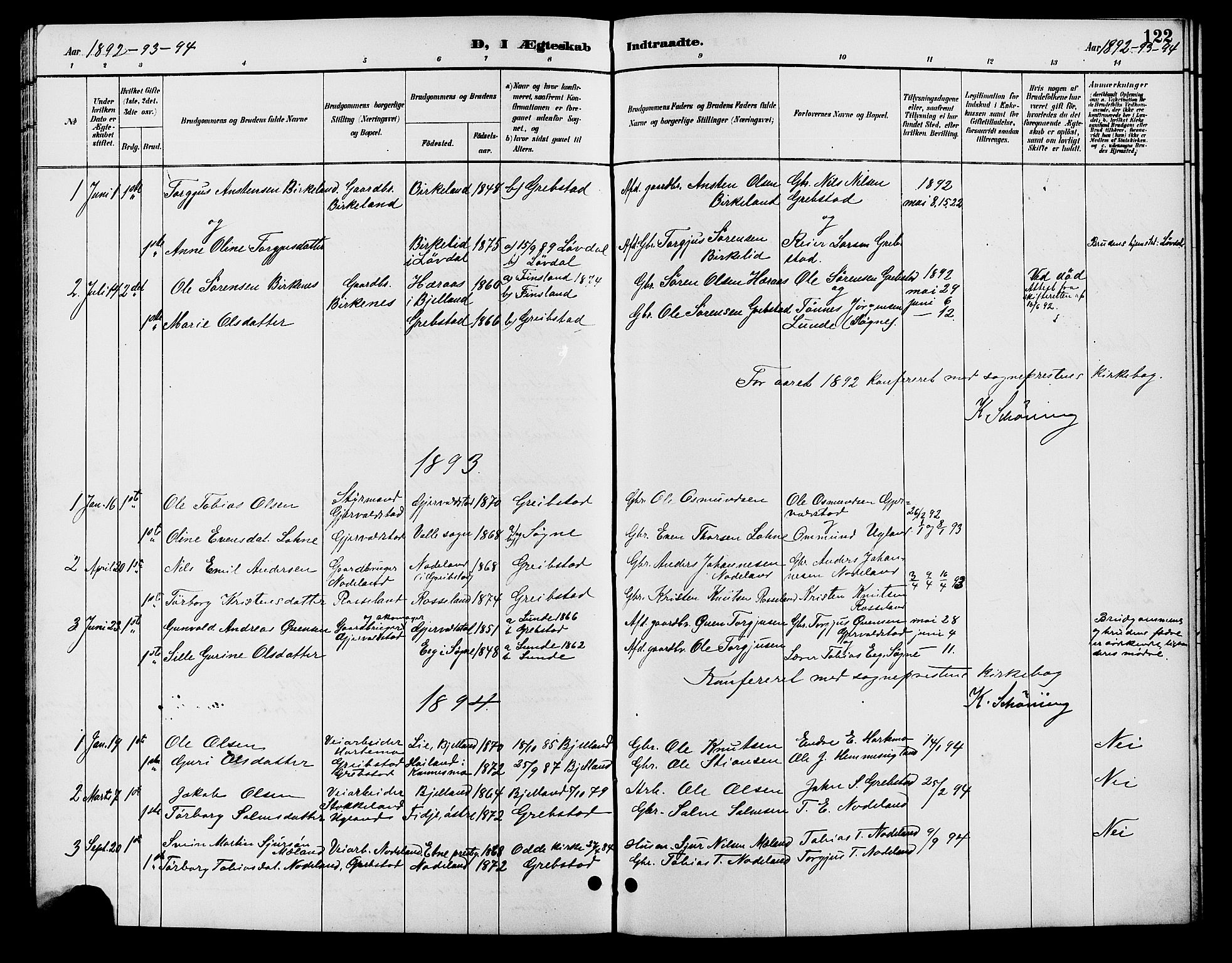 Søgne sokneprestkontor, SAK/1111-0037/F/Fb/Fba/L0004: Klokkerbok nr. B 4, 1888-1903, s. 122