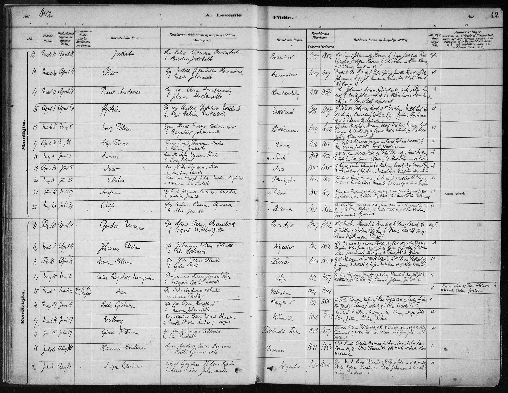 Stord sokneprestembete, AV/SAB-A-78201/H/Haa: Ministerialbok nr. B 2, 1878-1913, s. 42