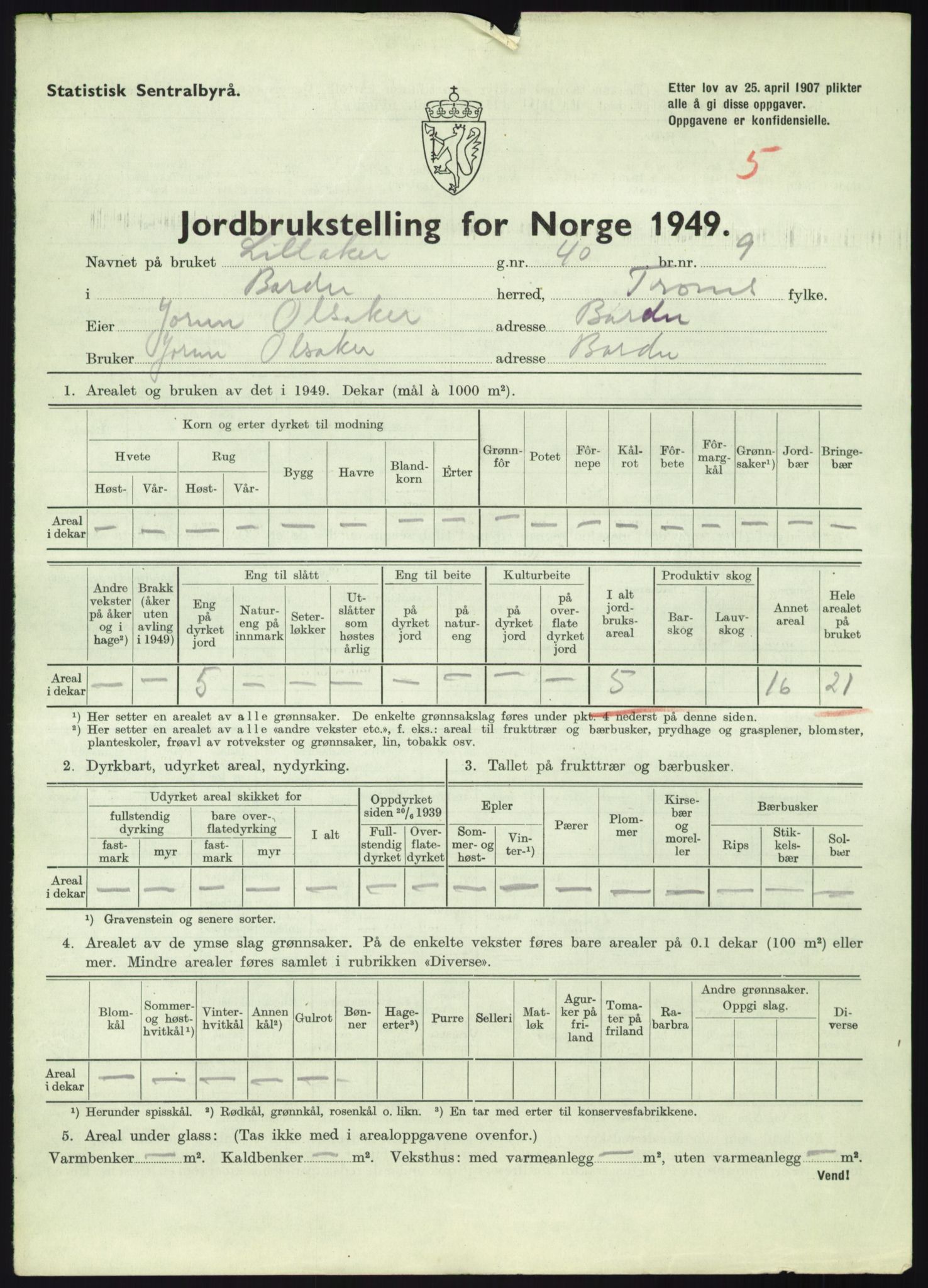 Statistisk sentralbyrå, Næringsøkonomiske emner, Jordbruk, skogbruk, jakt, fiske og fangst, AV/RA-S-2234/G/Gc/L0438: Troms: Salangen og Bardu, 1949, s. 937