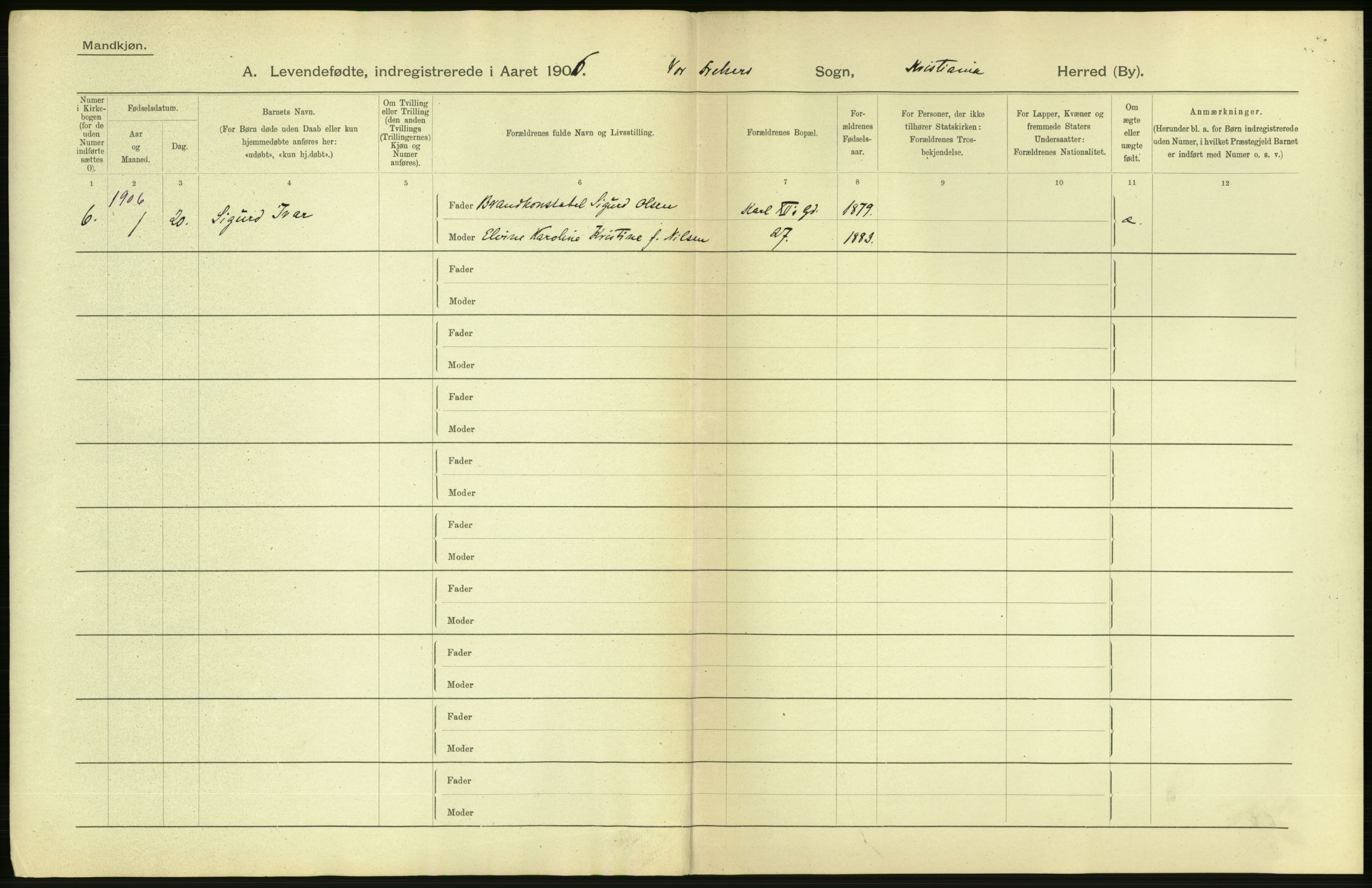 Statistisk sentralbyrå, Sosiodemografiske emner, Befolkning, AV/RA-S-2228/D/Df/Dfa/Dfad/L0007: Kristiania: Levendefødte menn og kvinner., 1906, s. 4