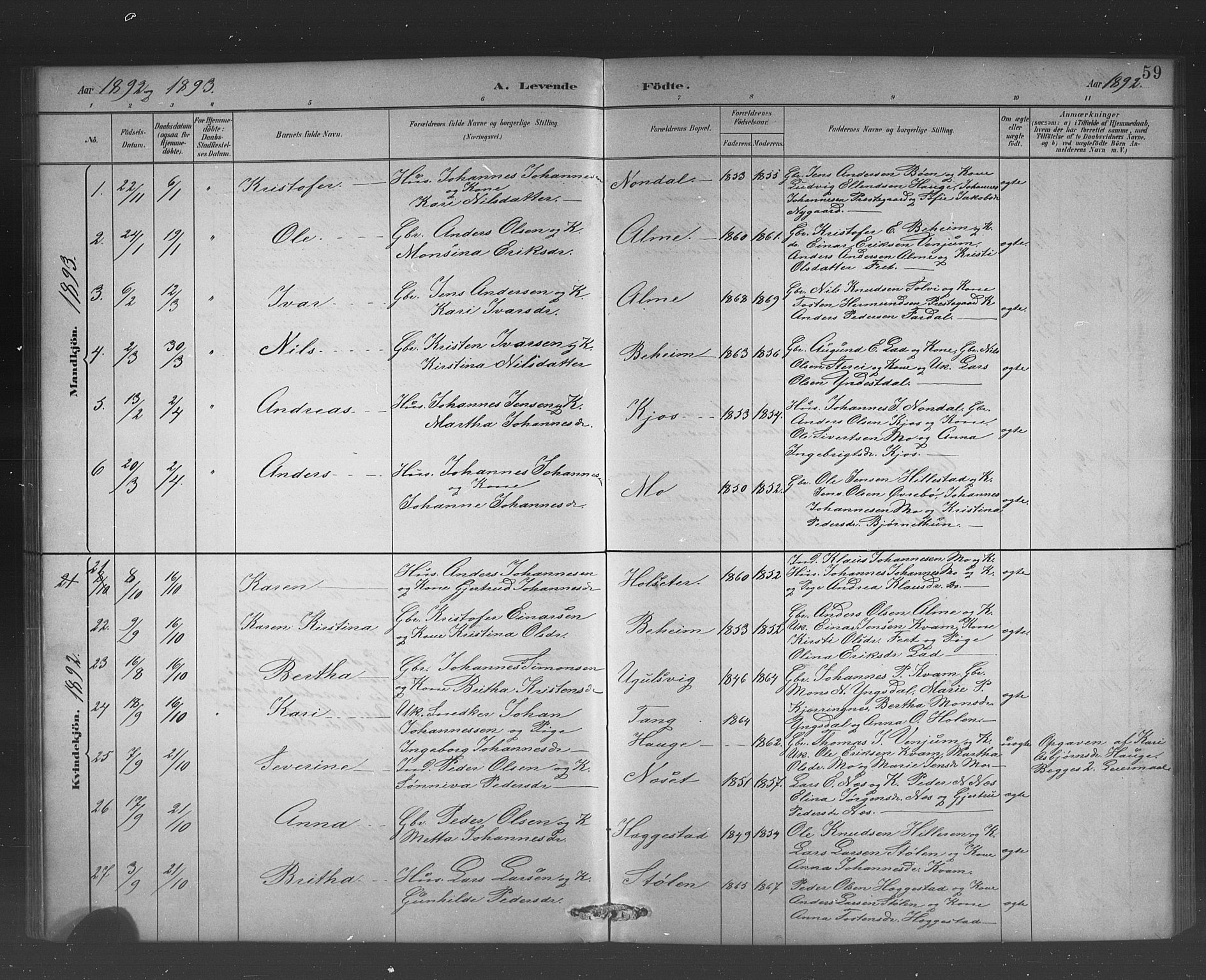 Hafslo sokneprestembete, AV/SAB-A-80301/H/Hab/Habb/L0001: Klokkerbok nr. B 1, 1882-1908, s. 59