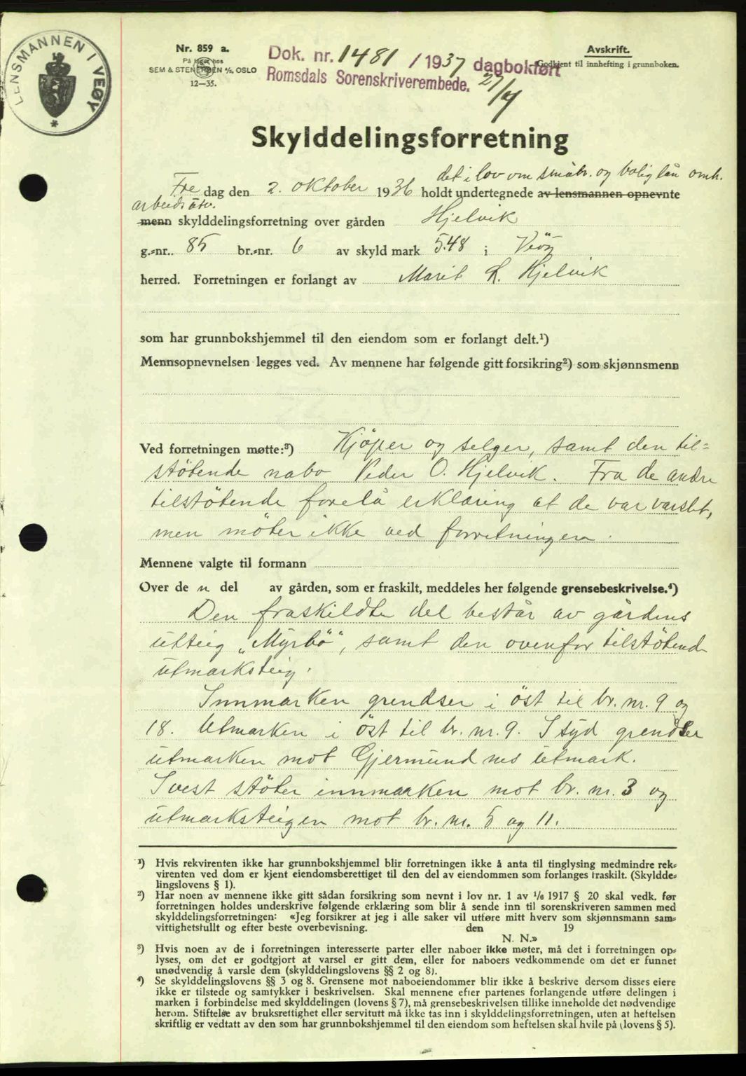 Romsdal sorenskriveri, SAT/A-4149/1/2/2C: Pantebok nr. A3, 1937-1937, Dagboknr: 1481/1937