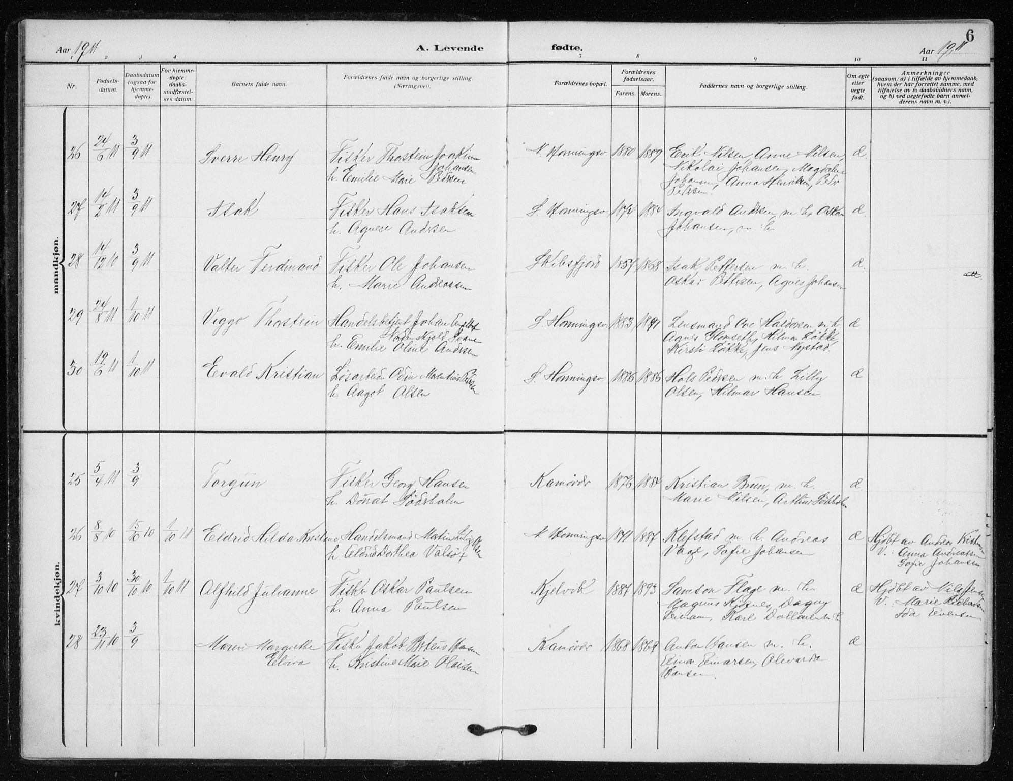 Kjelvik/Nordkapp sokneprestkontor, AV/SATØ-S-1350/H/Ha/L0001kirke: Ministerialbok nr. 1, 1911-1919, s. 6