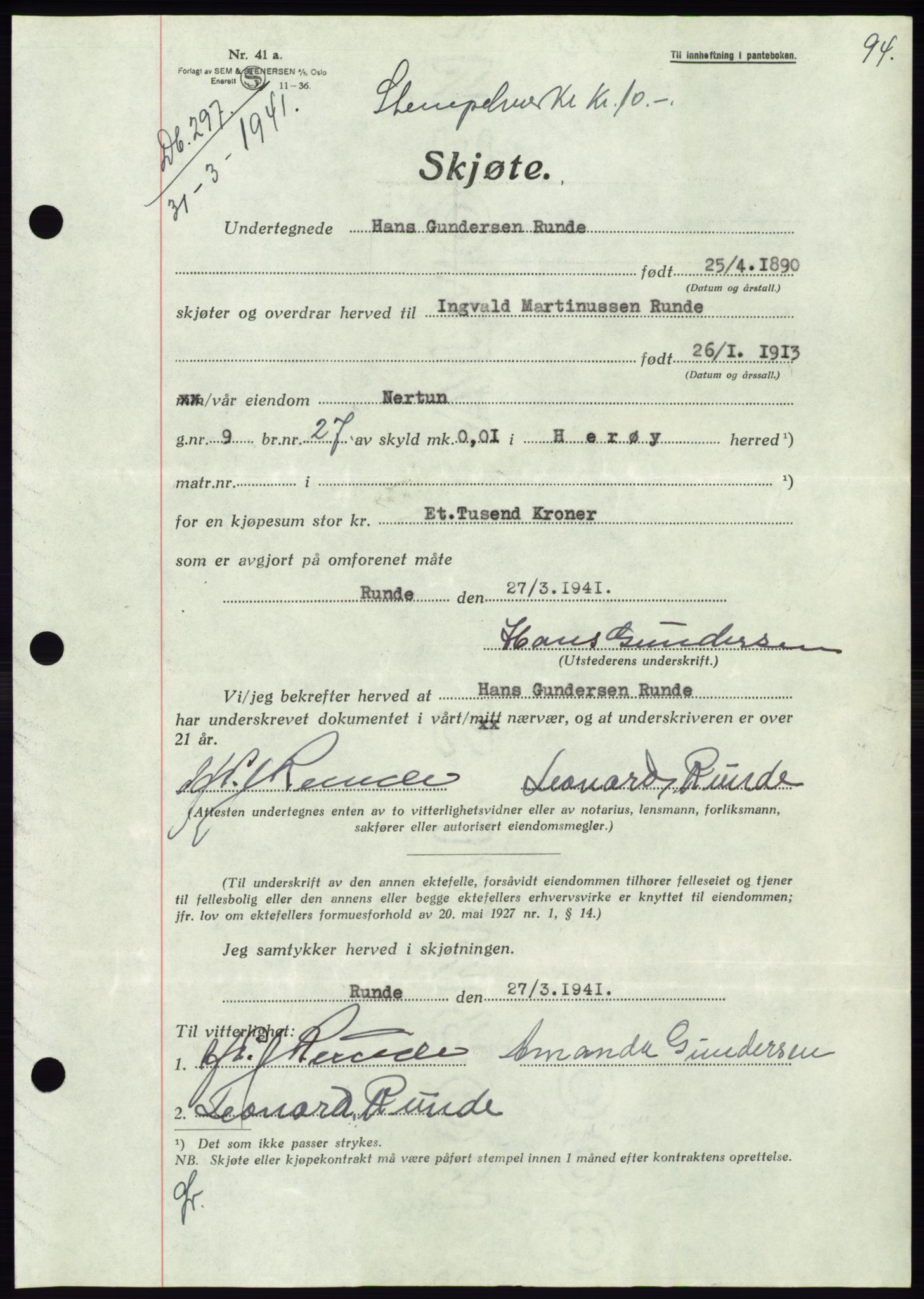 Søre Sunnmøre sorenskriveri, AV/SAT-A-4122/1/2/2C/L0071: Pantebok nr. 65, 1941-1941, Dagboknr: 297/1941