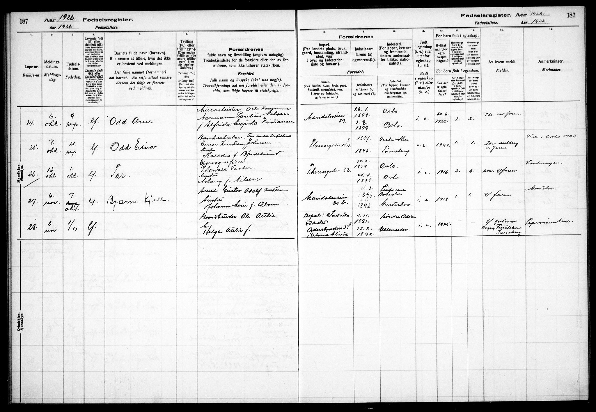 Gamle Aker prestekontor Kirkebøker, AV/SAO-A-10617a/J/L0001: Fødselsregister nr. 1, 1916-1927, s. 187