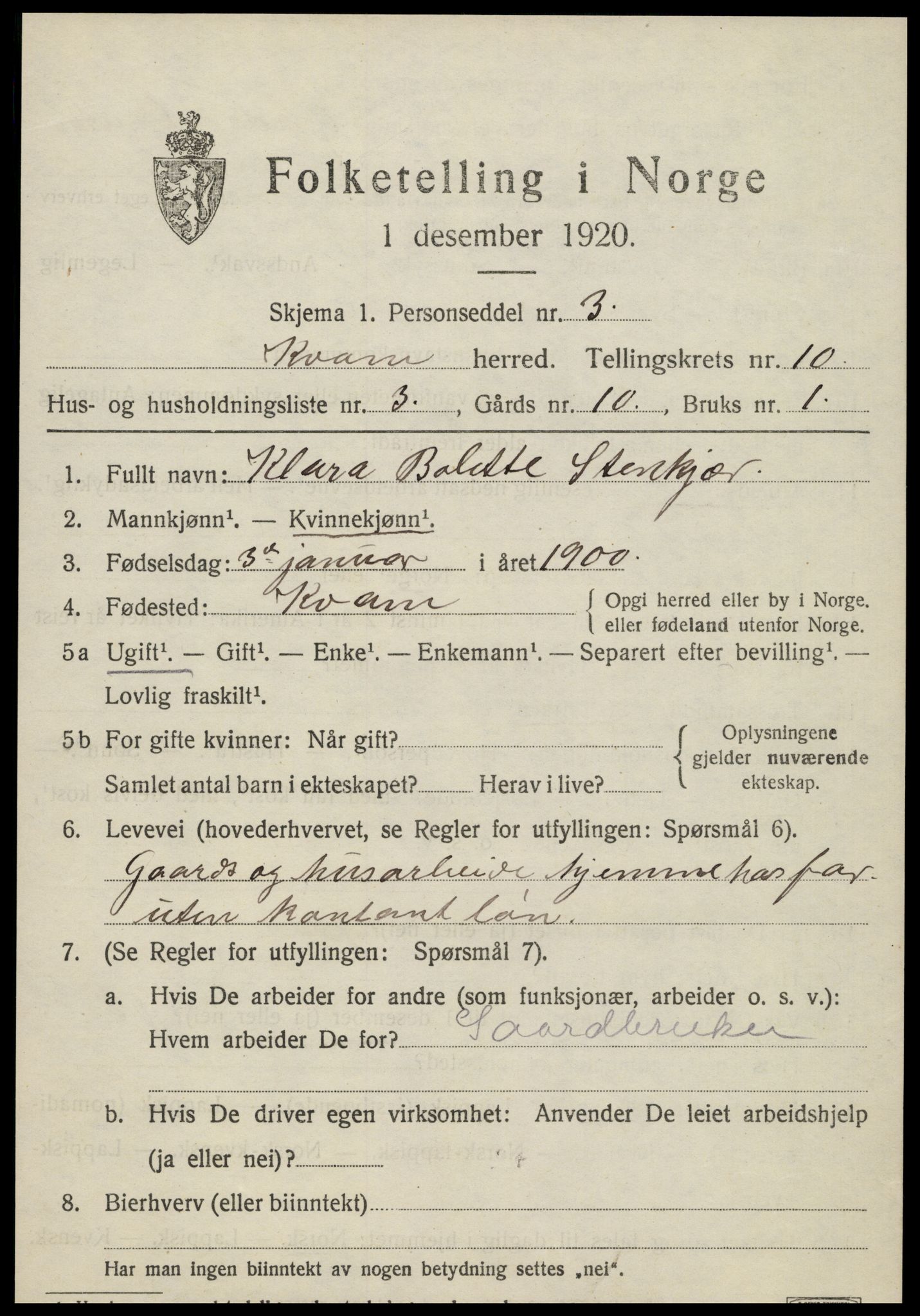 SAT, Folketelling 1920 for 1735 Kvam herred, 1920, s. 2533