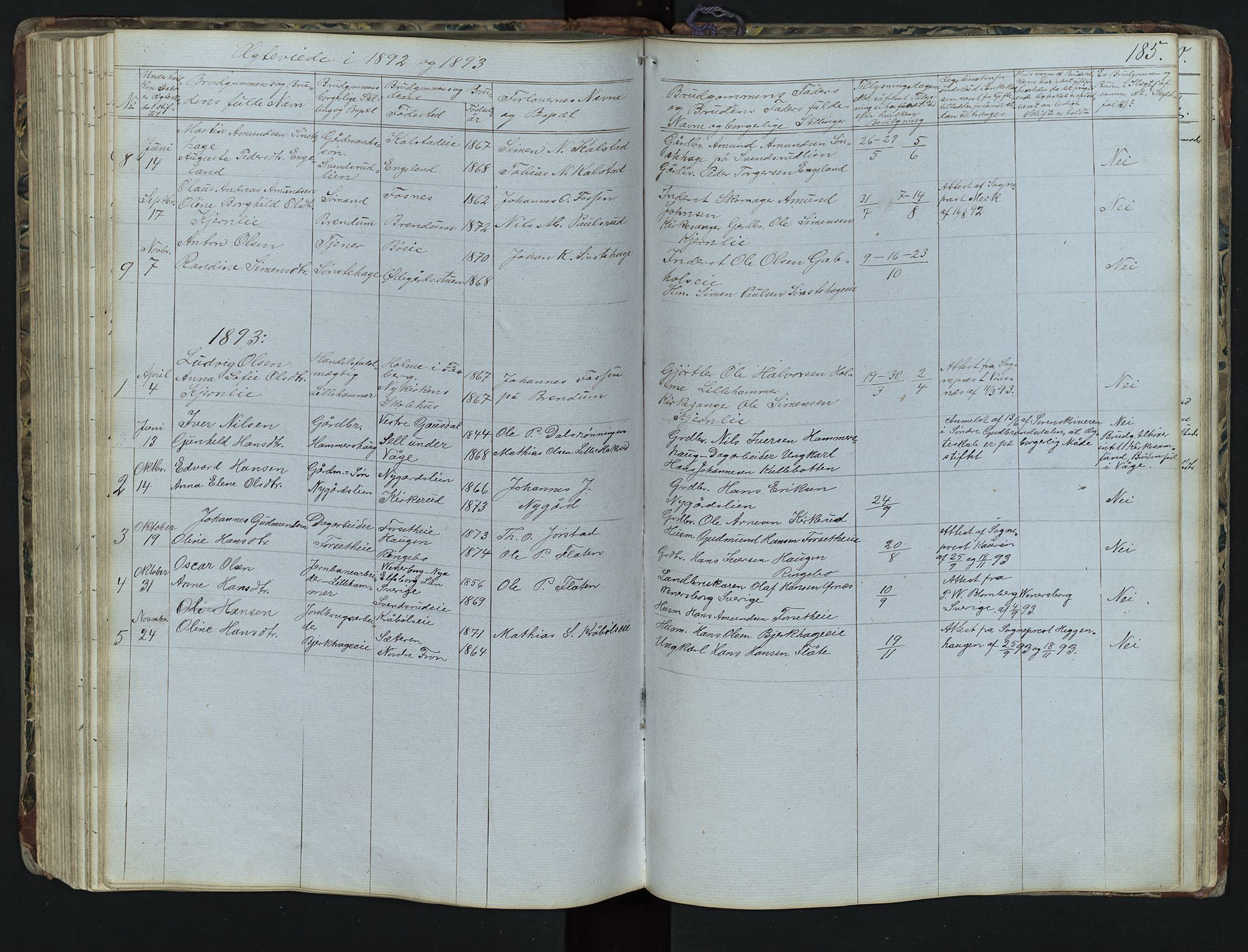 Vestre Gausdal prestekontor, AV/SAH-PREST-094/H/Ha/Hab/L0001: Klokkerbok nr. 1, 1867-1895, s. 185