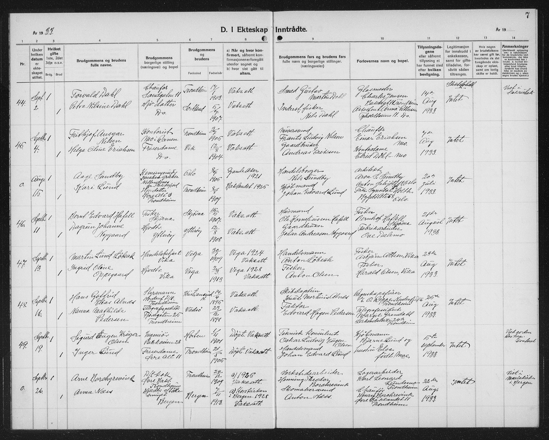 Ministerialprotokoller, klokkerbøker og fødselsregistre - Sør-Trøndelag, SAT/A-1456/602/L0152: Klokkerbok nr. 602C20, 1933-1940, s. 7