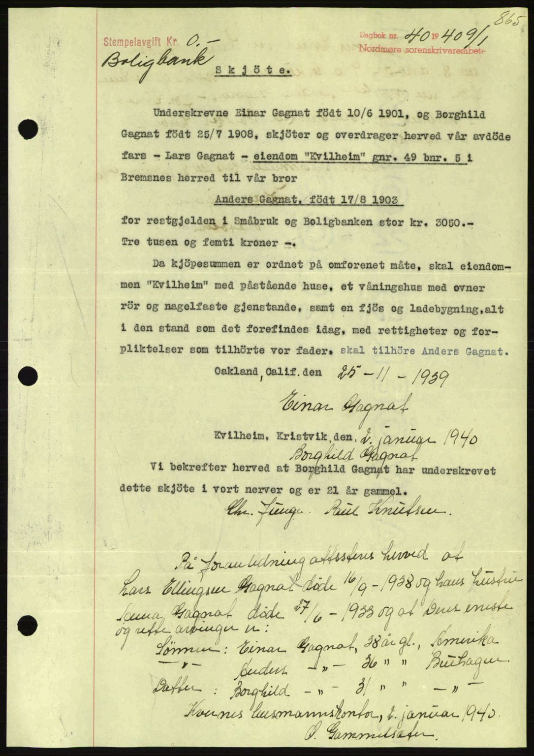 Nordmøre sorenskriveri, SAT/A-4132/1/2/2Ca: Pantebok nr. A87, 1939-1940, Dagboknr: 40/1940