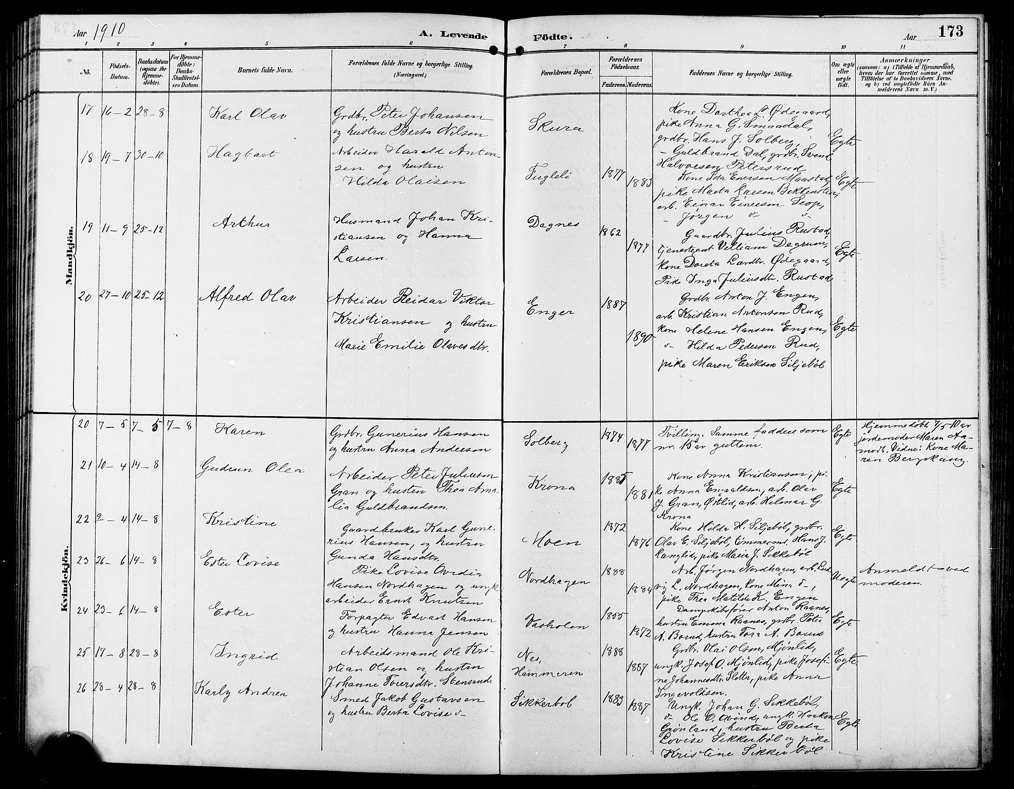 Enebakk prestekontor Kirkebøker, AV/SAO-A-10171c/G/Ga/L0006: Klokkerbok nr. I 6, 1889-1911, s. 173