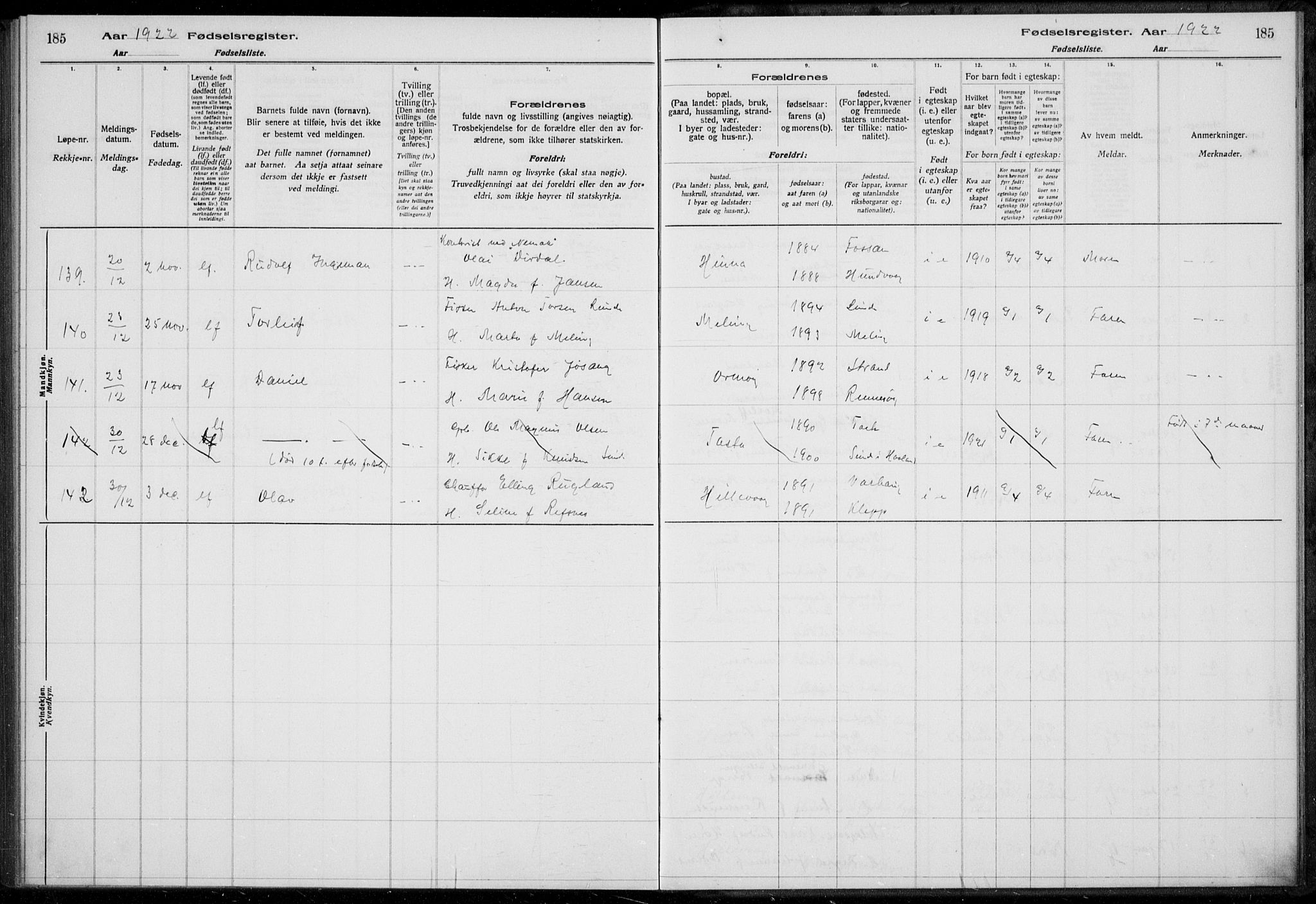 Hetland sokneprestkontor, AV/SAST-A-101826/70/704BA/L0003: Fødselsregister nr. 1, 1916-1923, s. 185