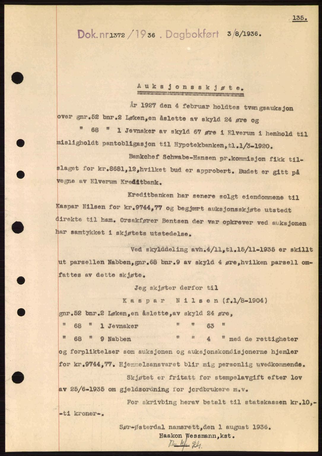 Sør-Østerdal sorenskriveri, SAH/TING-018/H/Hb/Hbb/L0054: Pantebok nr. A54, 1936-1936, Dagboknr: 1372/1936